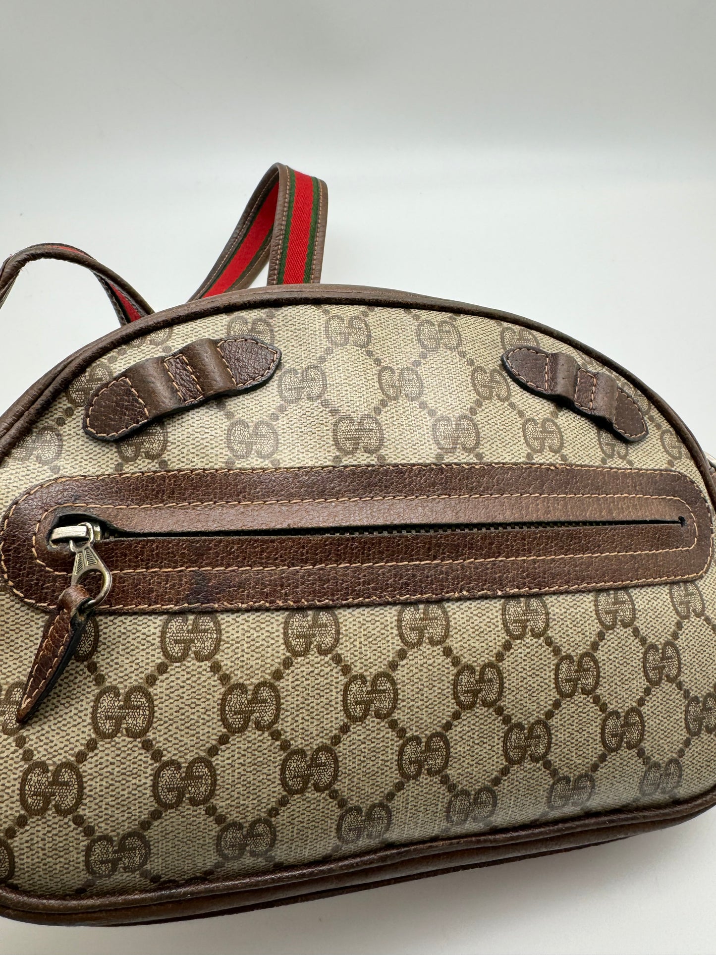 Authentic GUCCI Vintage Coated Canvas Red & Green Strap Crossbody Bag