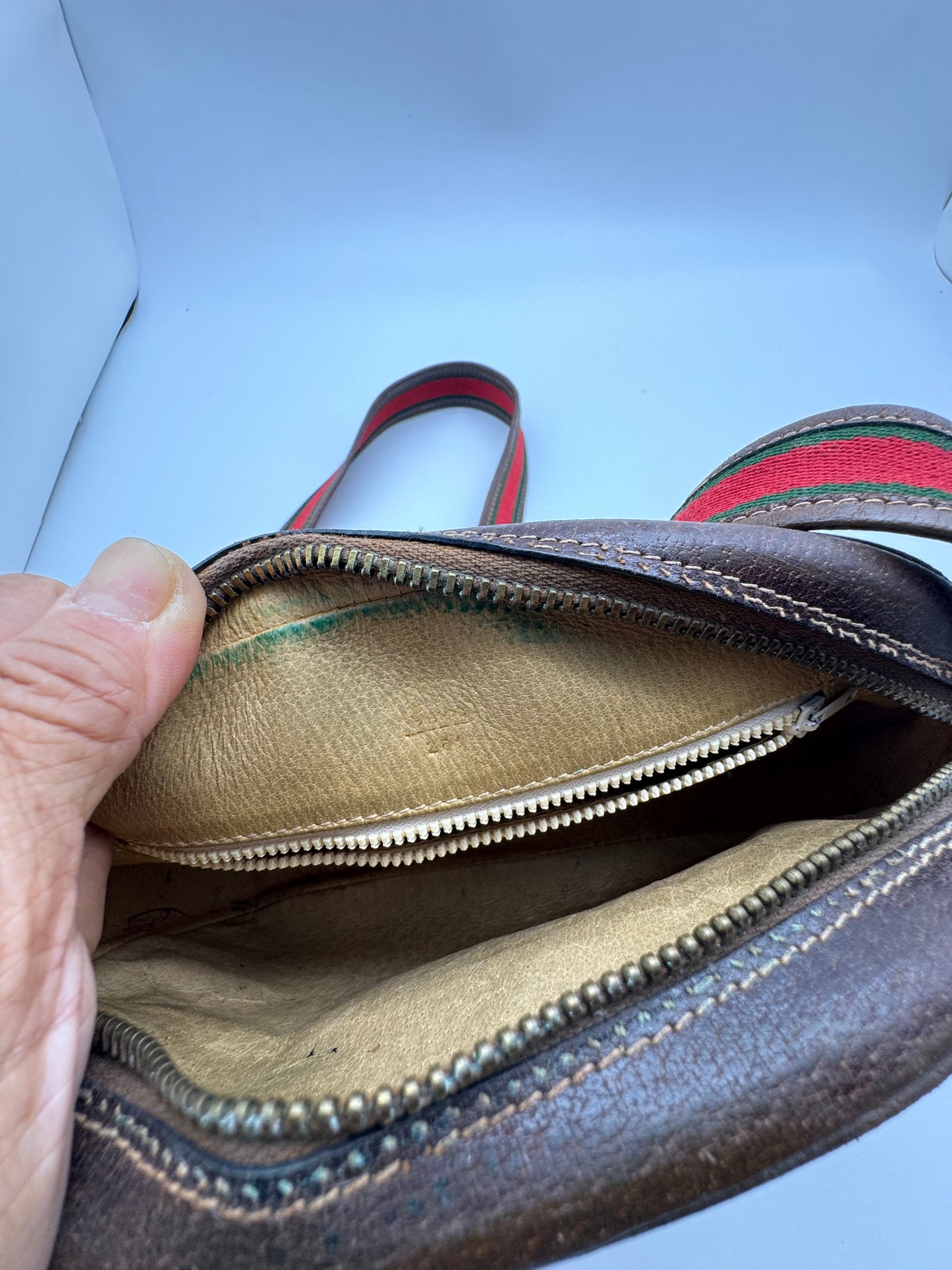Authentic GUCCI Vintage Coated Canvas Red & Green Strap Crossbody Bag
