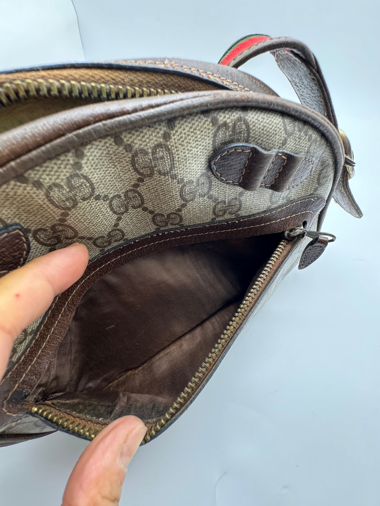 Authentic GUCCI Vintage Coated Canvas Red & Green Strap Crossbody Bag
