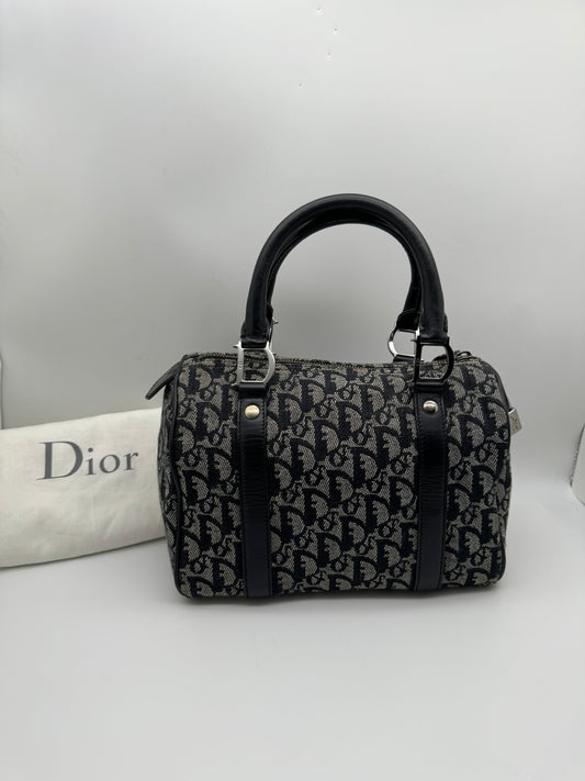 Authentic Christian Dior Boston 25 Black Trotter Jacquard Canvas Handbag