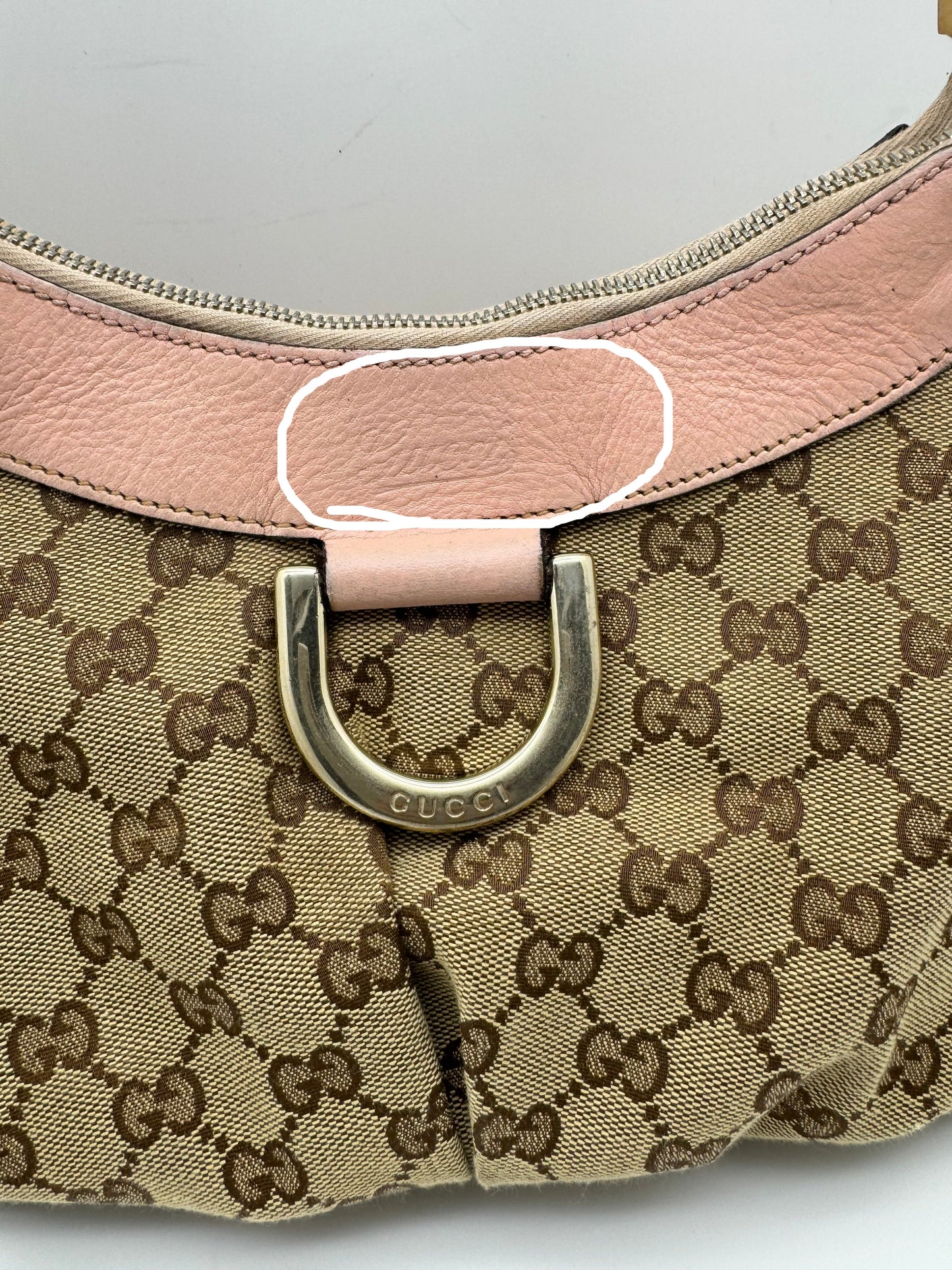 Authentic Gucci Abby D-Ring Hobo Brown Monogram Pink Leather Shoulder Bag