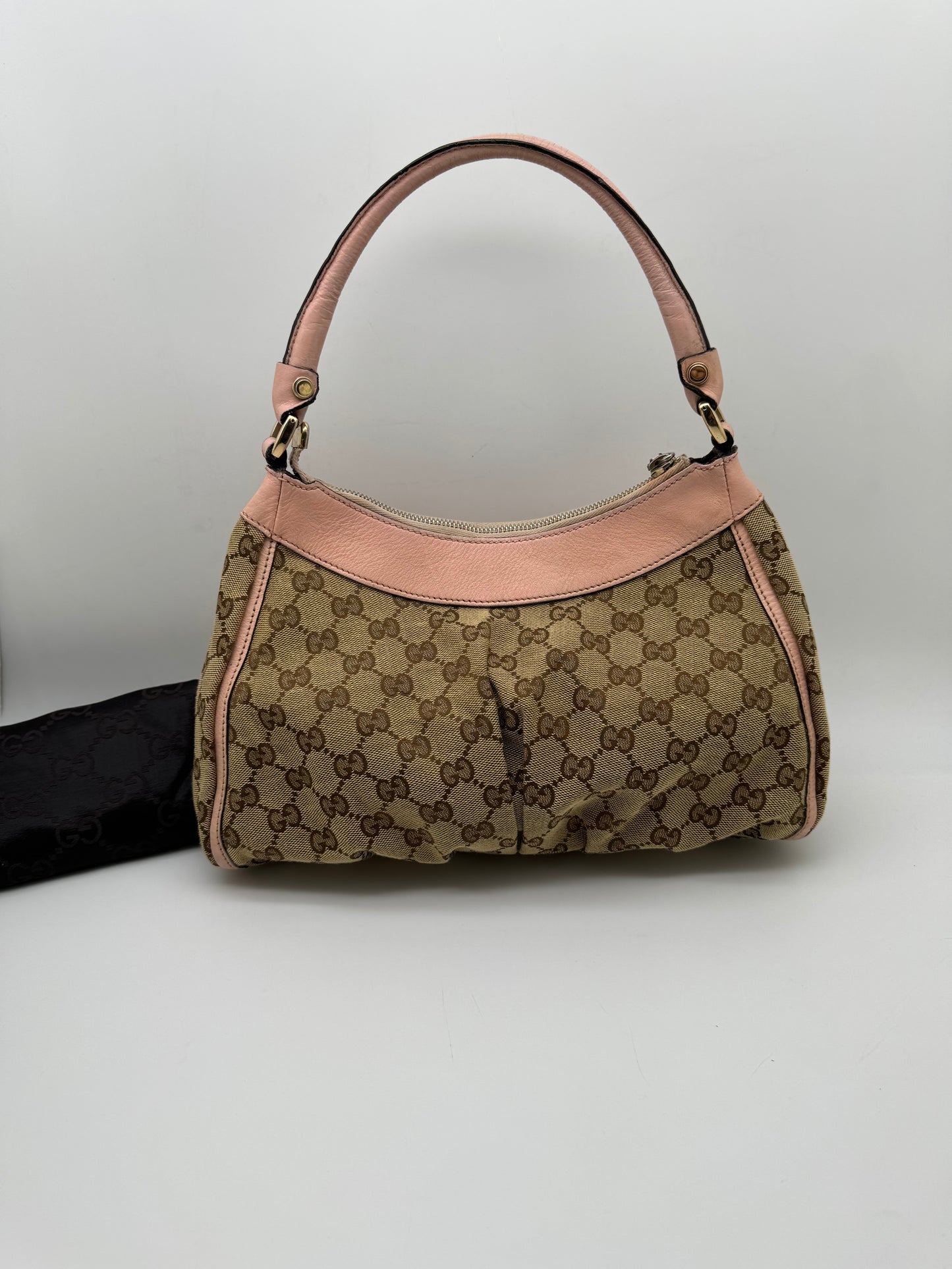 Authentic Gucci Abby D-Ring Hobo Brown Monogram Pink Leather Shoulder Bag