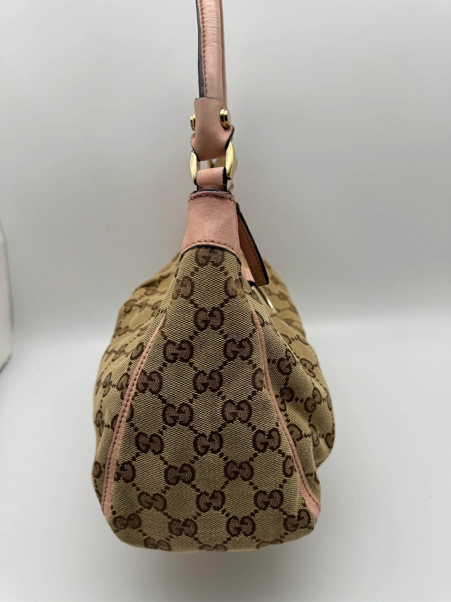 Authentic Gucci Abby D-Ring Hobo Brown Monogram Pink Leather Shoulder Bag