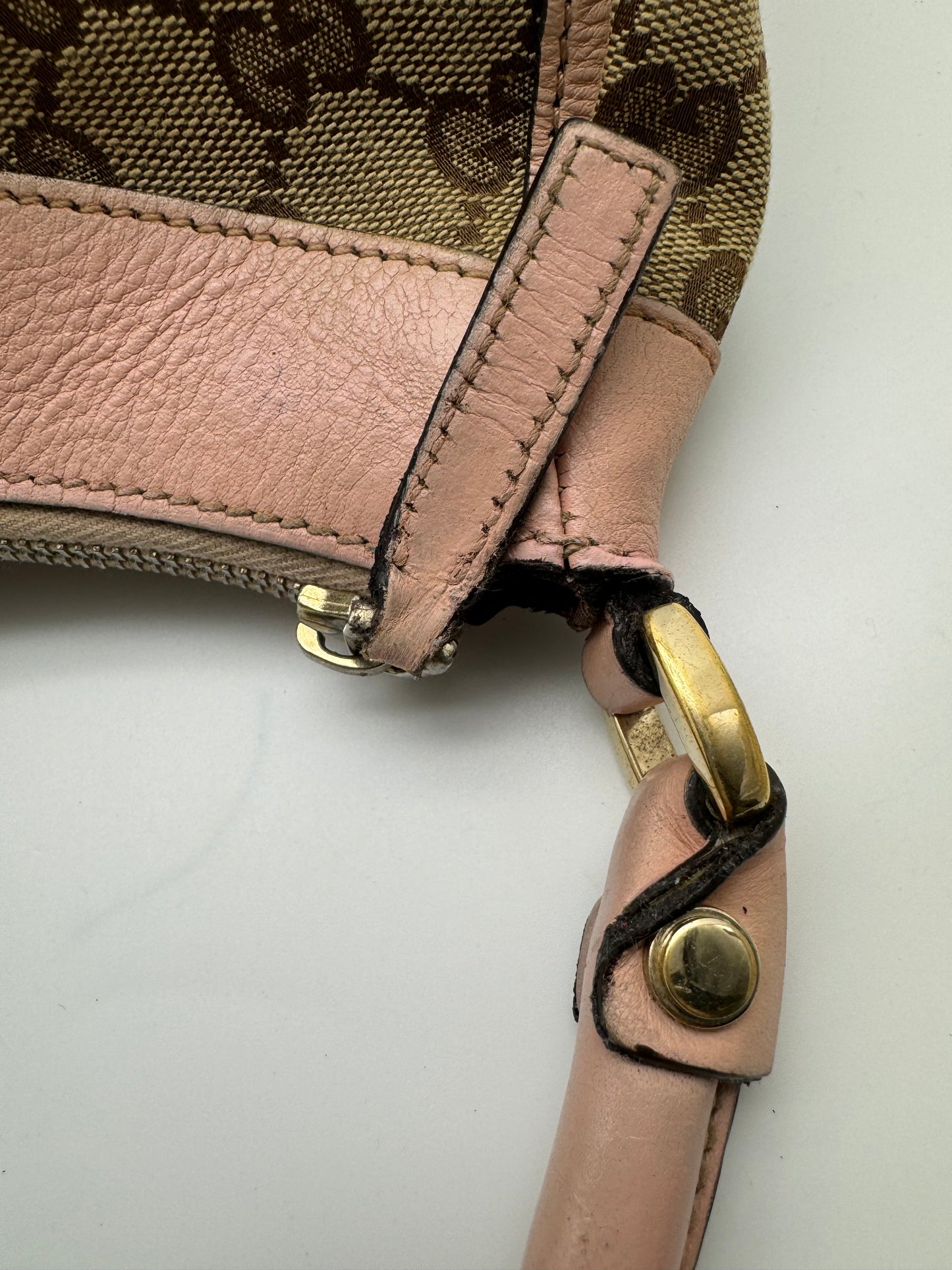Authentic Gucci Abby D-Ring Hobo Brown Monogram Pink Leather Shoulder Bag