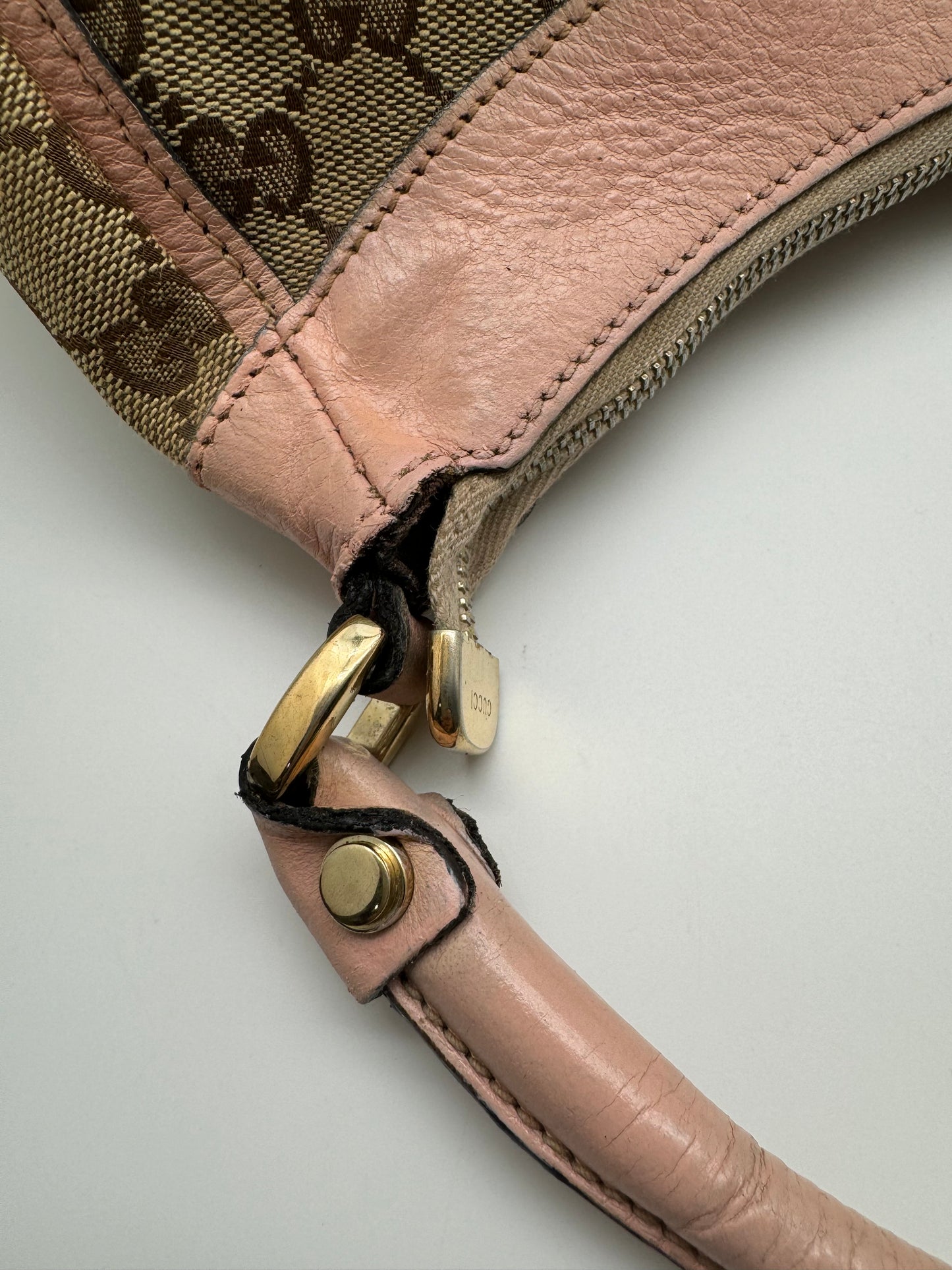 Authentic Gucci Abby D-Ring Hobo Brown Monogram Pink Leather Shoulder Bag