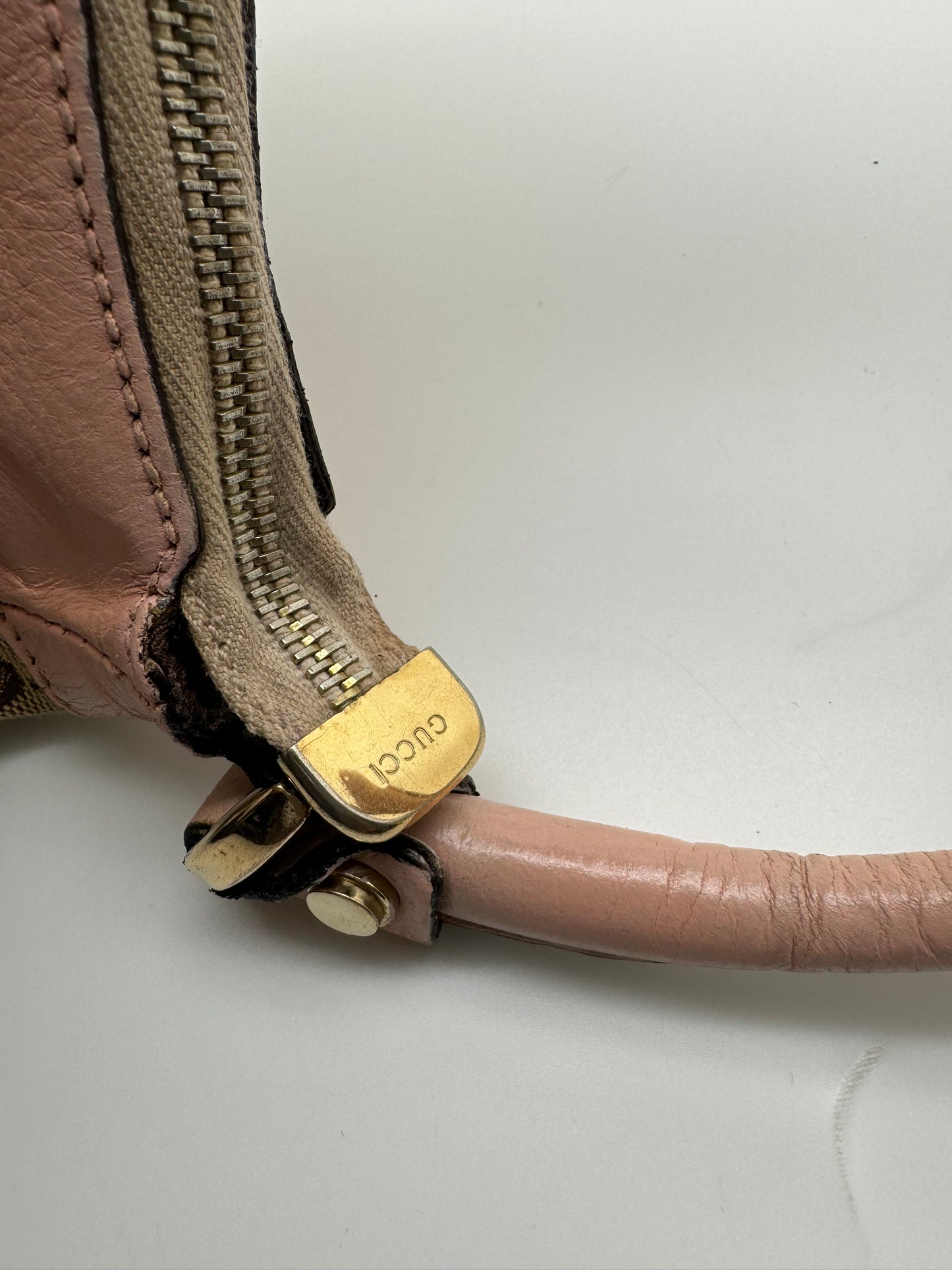 Authentic Gucci Abby D-Ring Hobo Brown Monogram Pink Leather Shoulder Bag