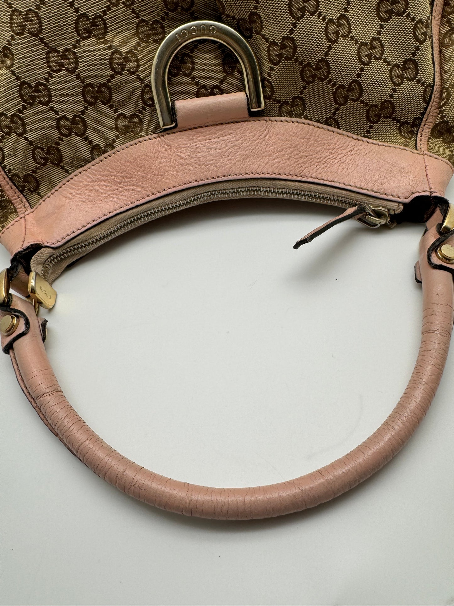 Authentic Gucci Abby D-Ring Hobo Brown Monogram Pink Leather Shoulder Bag