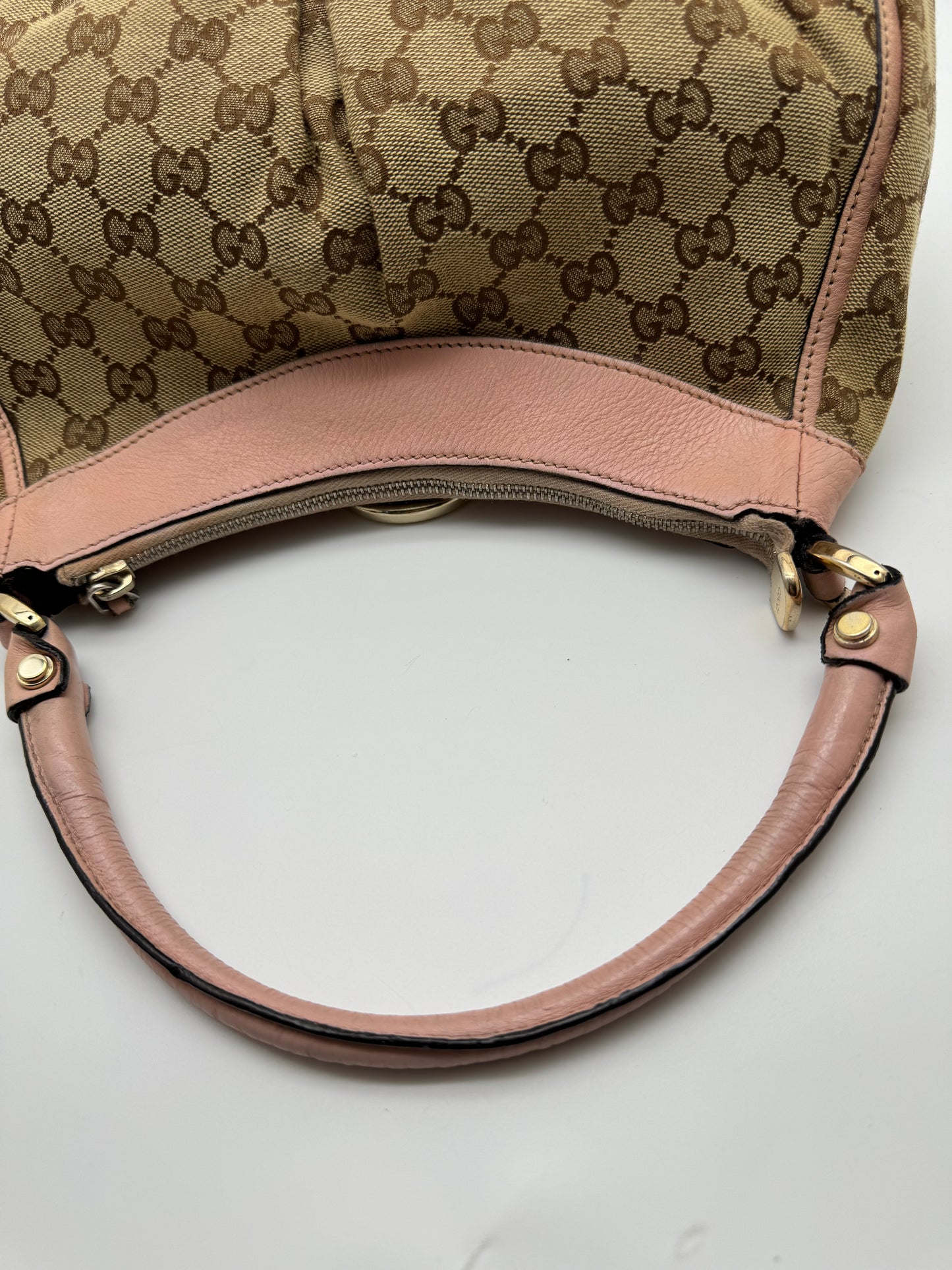 Authentic Gucci Abby D-Ring Hobo Brown Monogram Pink Leather Shoulder Bag