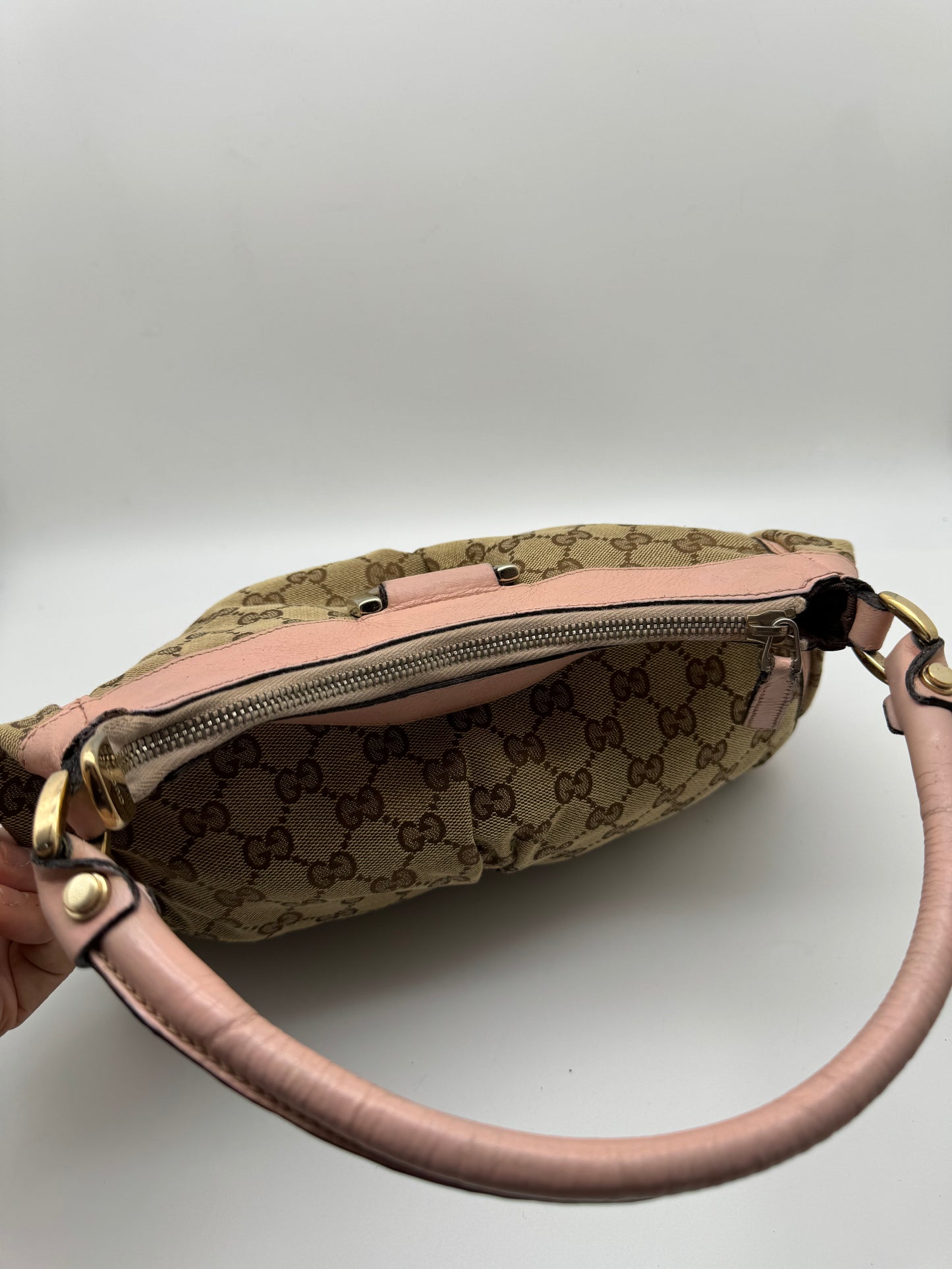 Authentic Gucci Abby D-Ring Hobo Brown Monogram Pink Leather Shoulder Bag