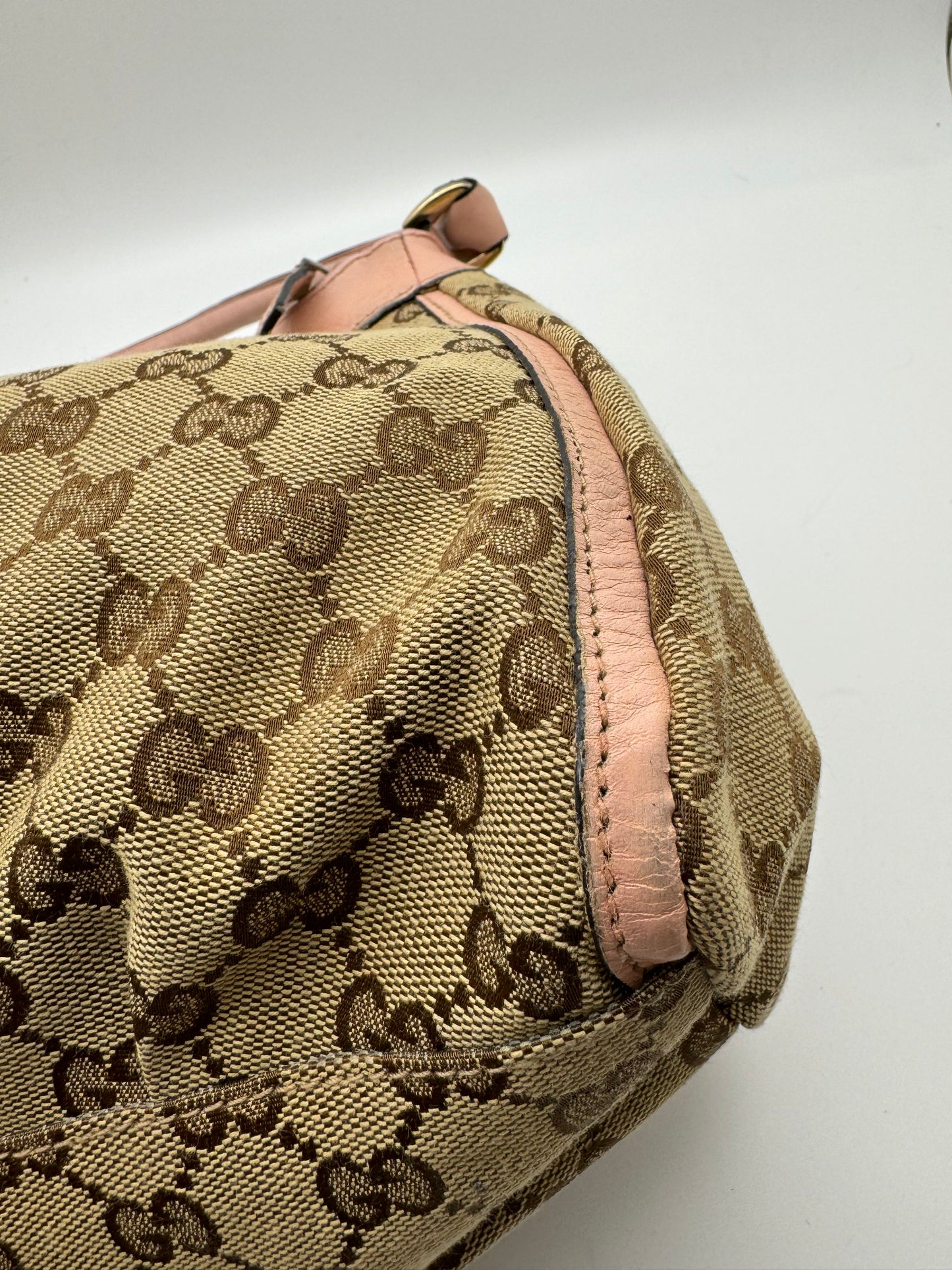 Authentic Gucci Abby D-Ring Hobo Brown Monogram Pink Leather Shoulder Bag