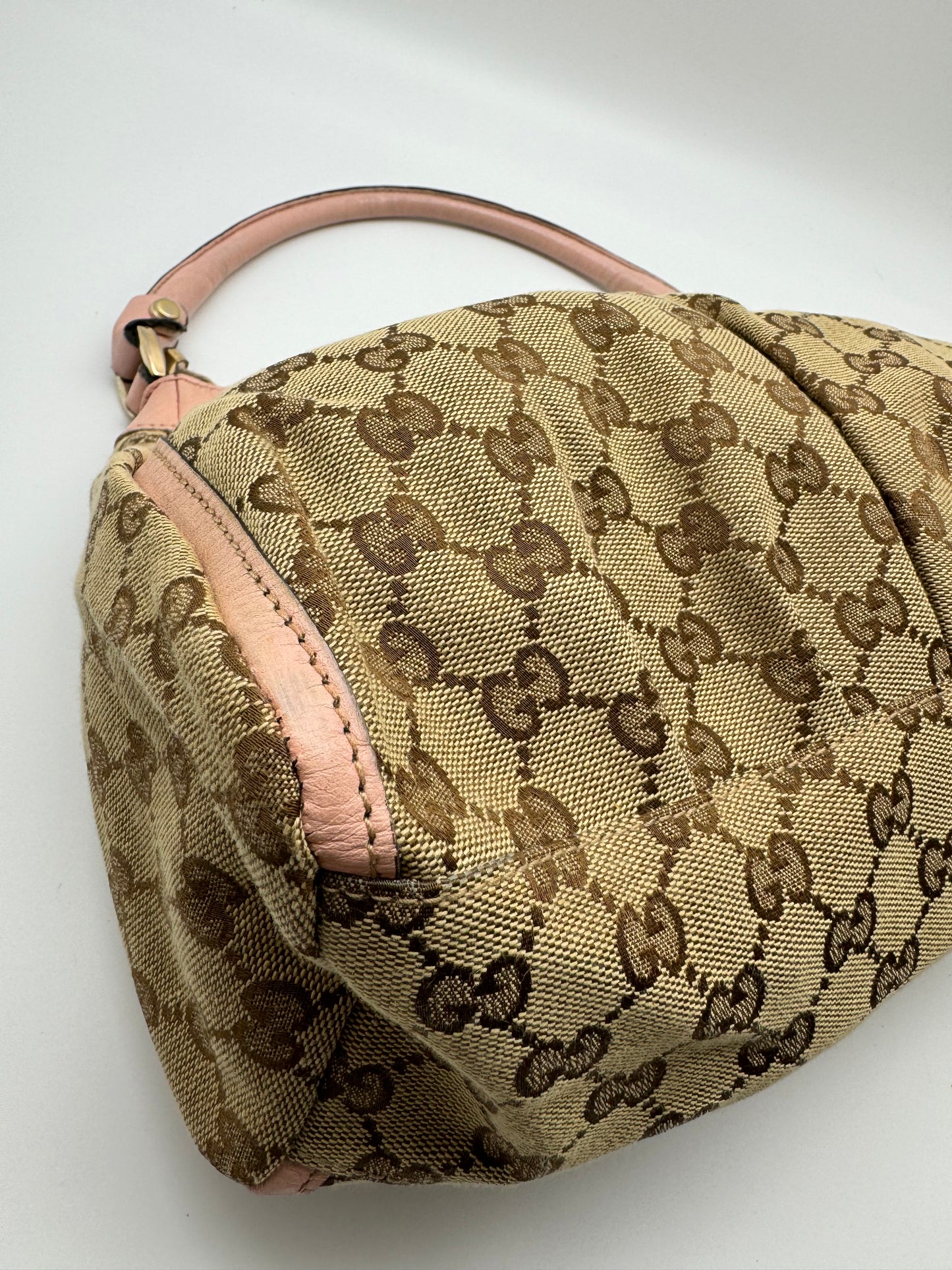 Authentic Gucci Abby D-Ring Hobo Brown Monogram Pink Leather Shoulder Bag