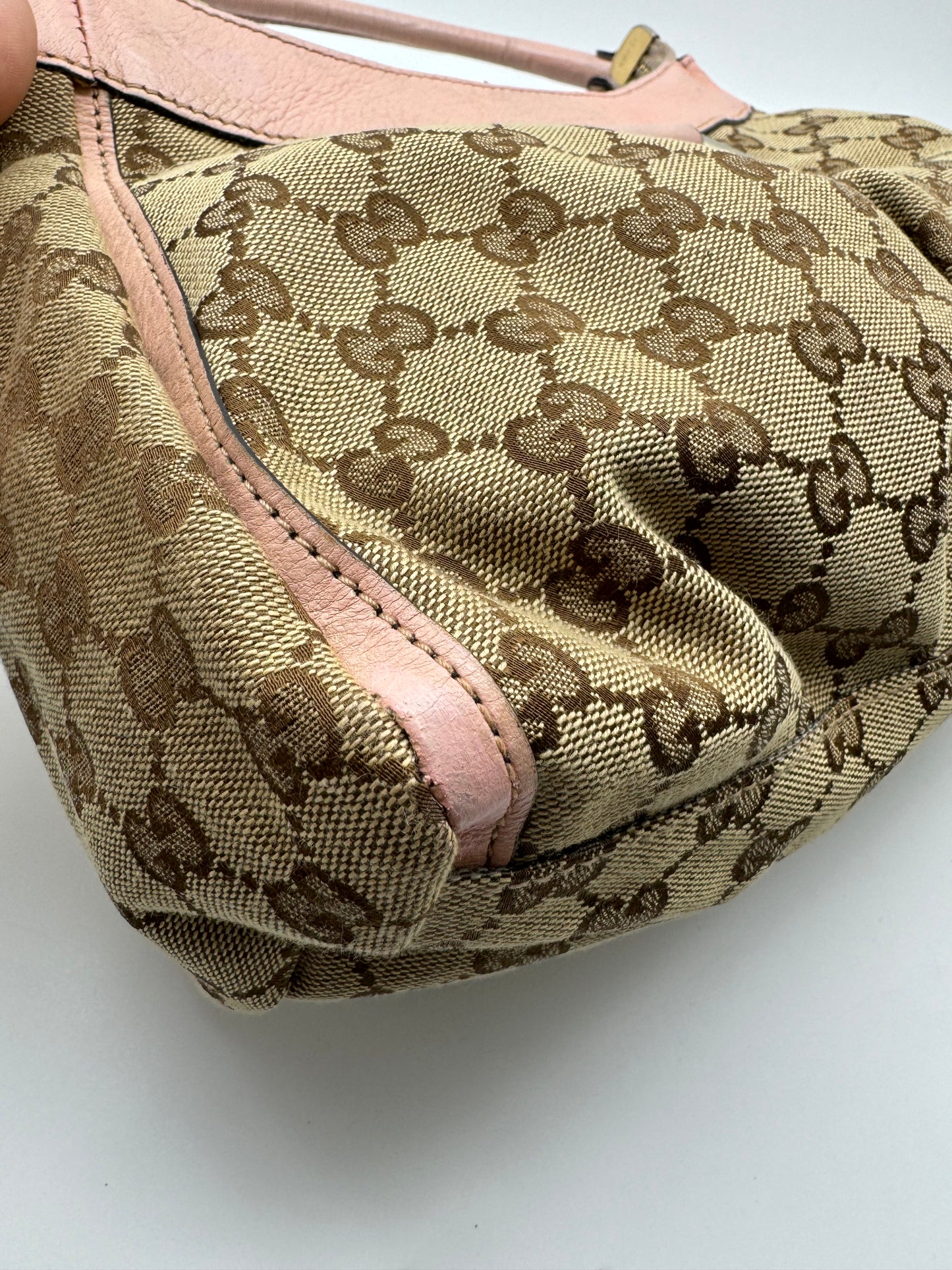 Authentic Gucci Abby D-Ring Hobo Brown Monogram Pink Leather Shoulder Bag