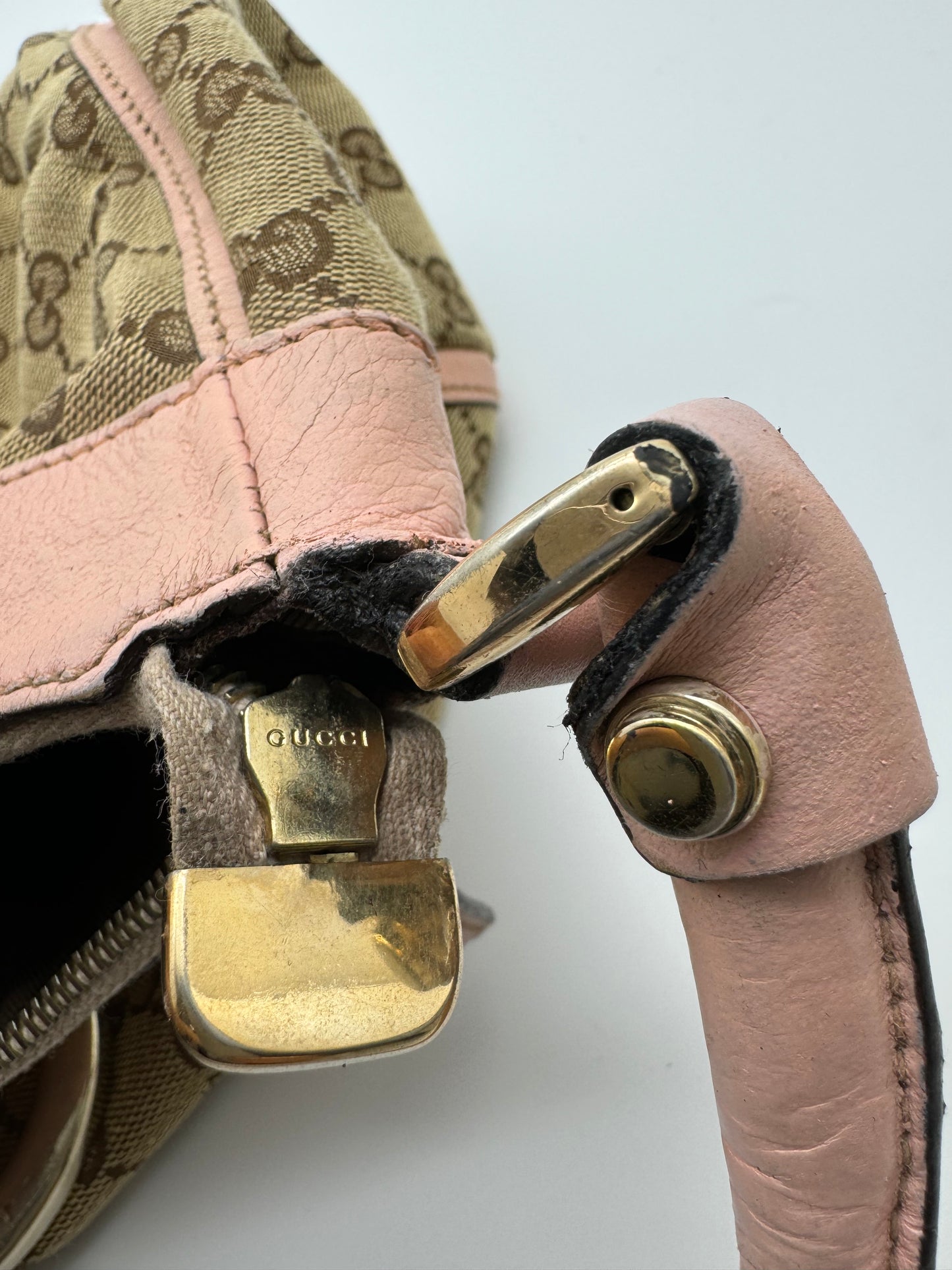 Authentic Gucci Abby D-Ring Hobo Brown Monogram Pink Leather Shoulder Bag