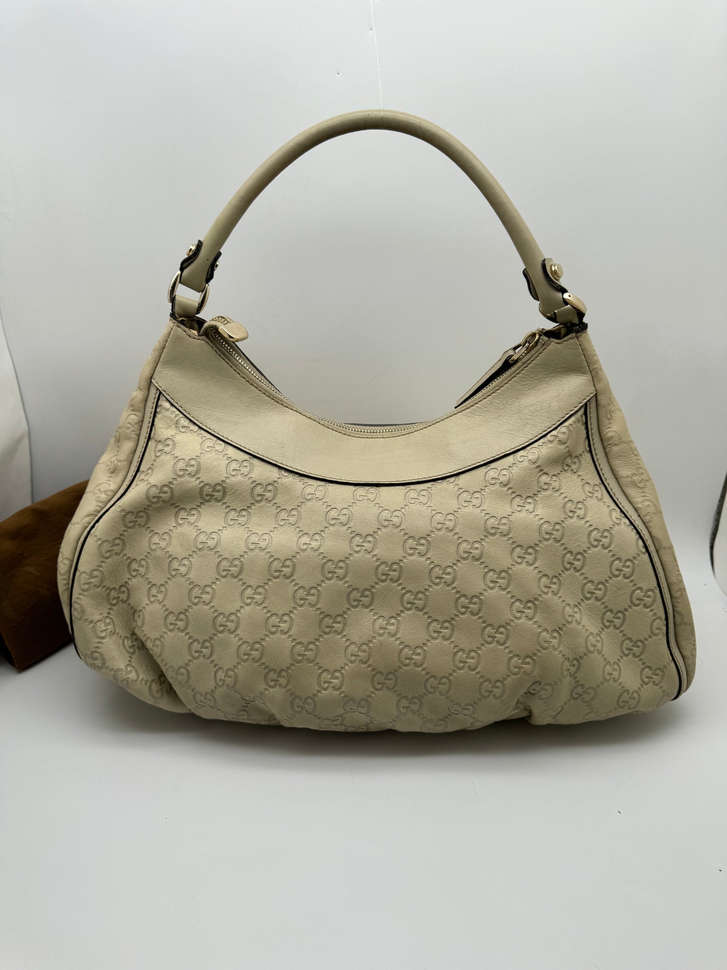 Authentic Gucci Abby D-ring Large Hobo Beige GG Embossed Leather Shoulder Bag