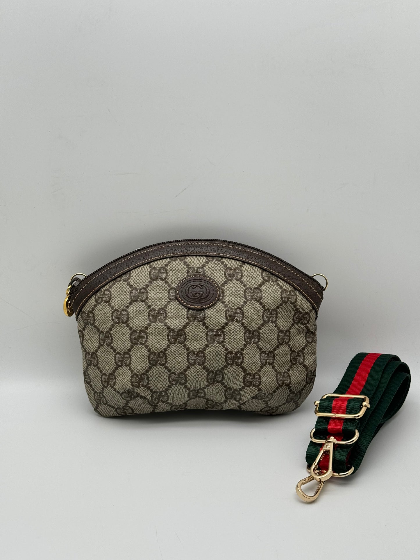 Authentic GUCCI Pleated Clutch Brown Monogram Coated Canvas Added Strap Crossbody Bag