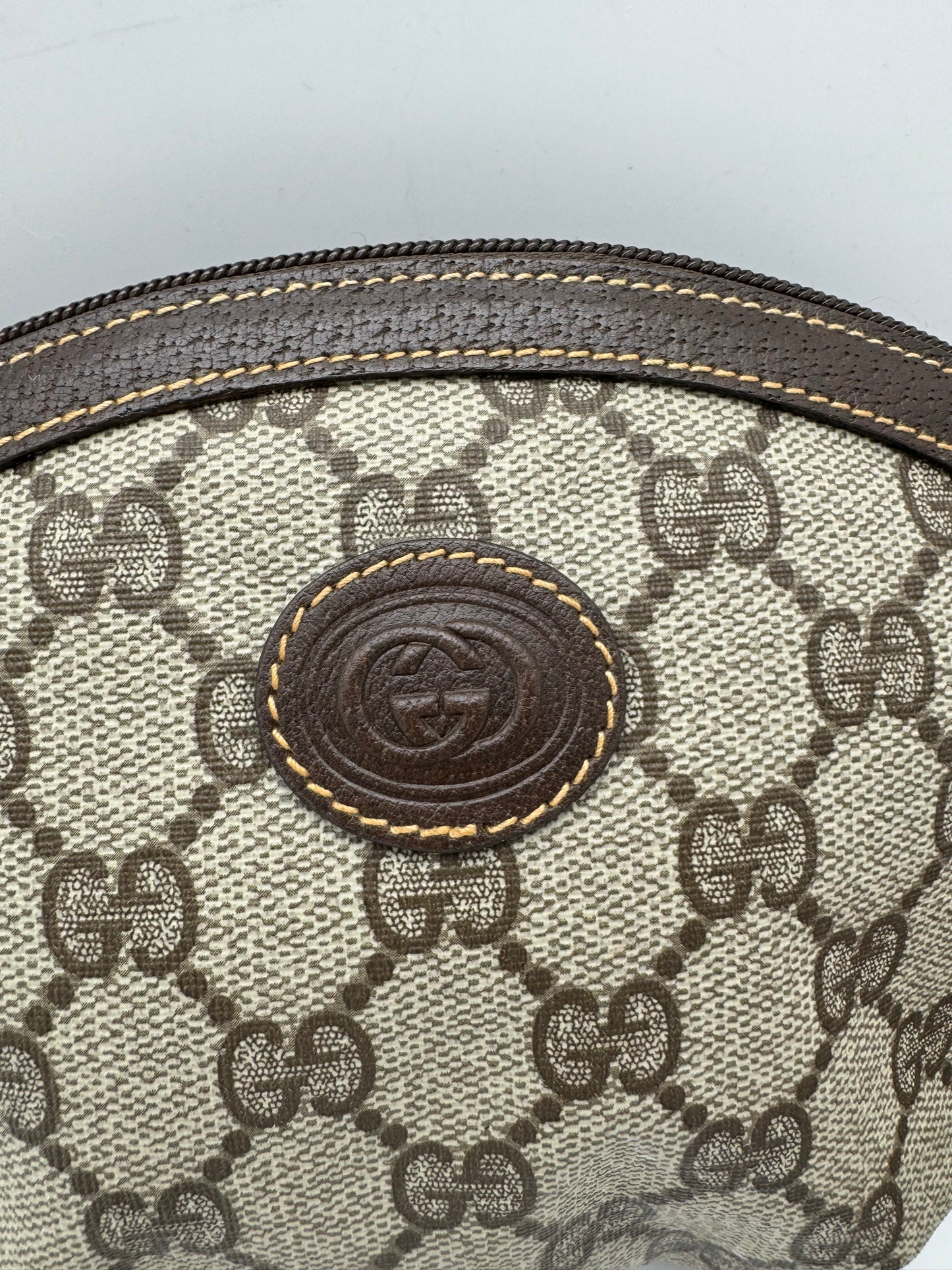 Authentic GUCCI Pleated Clutch Brown Monogram Coated Canvas Added Strap Crossbody Bag