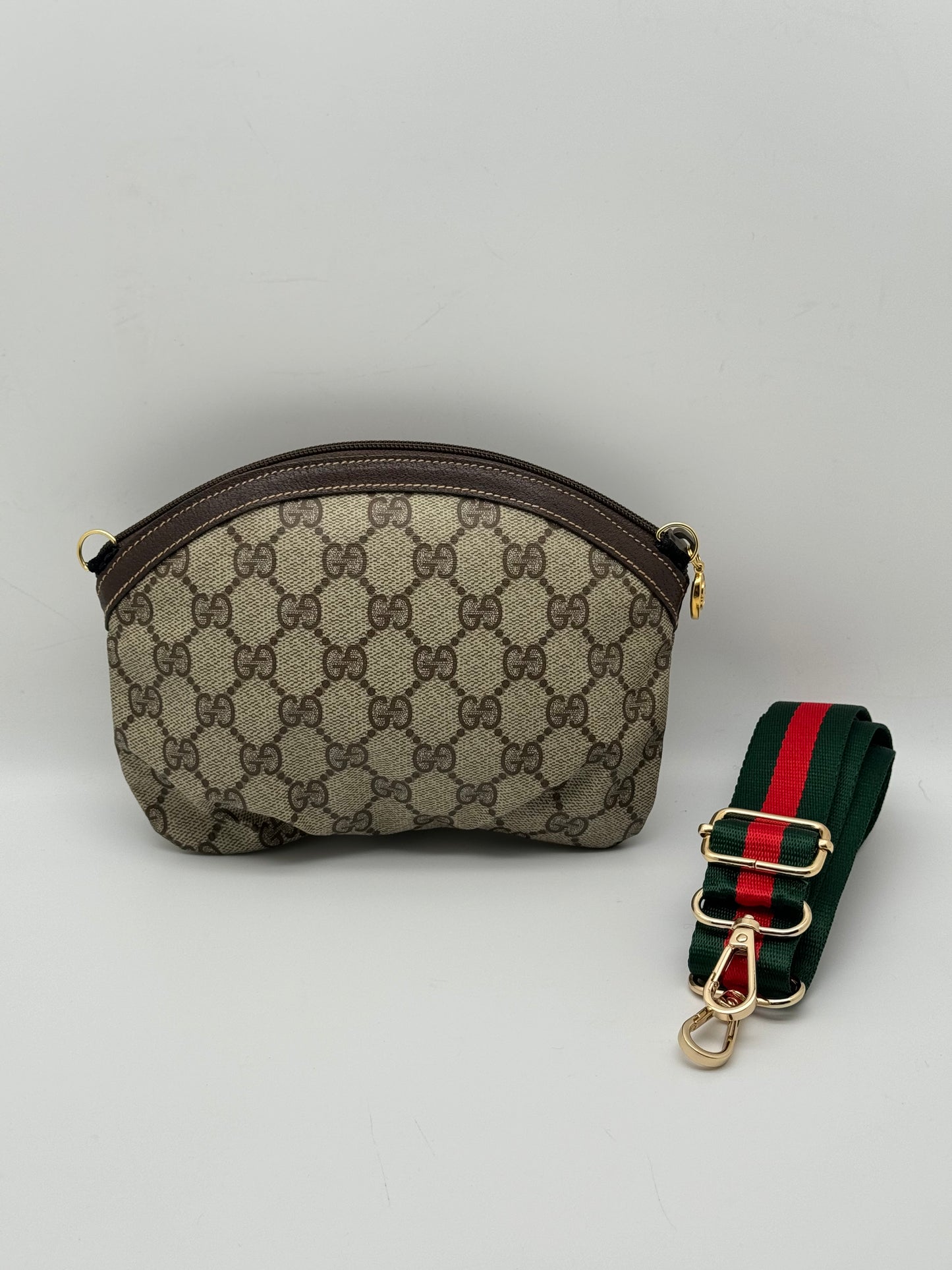 Authentic GUCCI Pleated Clutch Brown Monogram Coated Canvas Added Strap Crossbody Bag