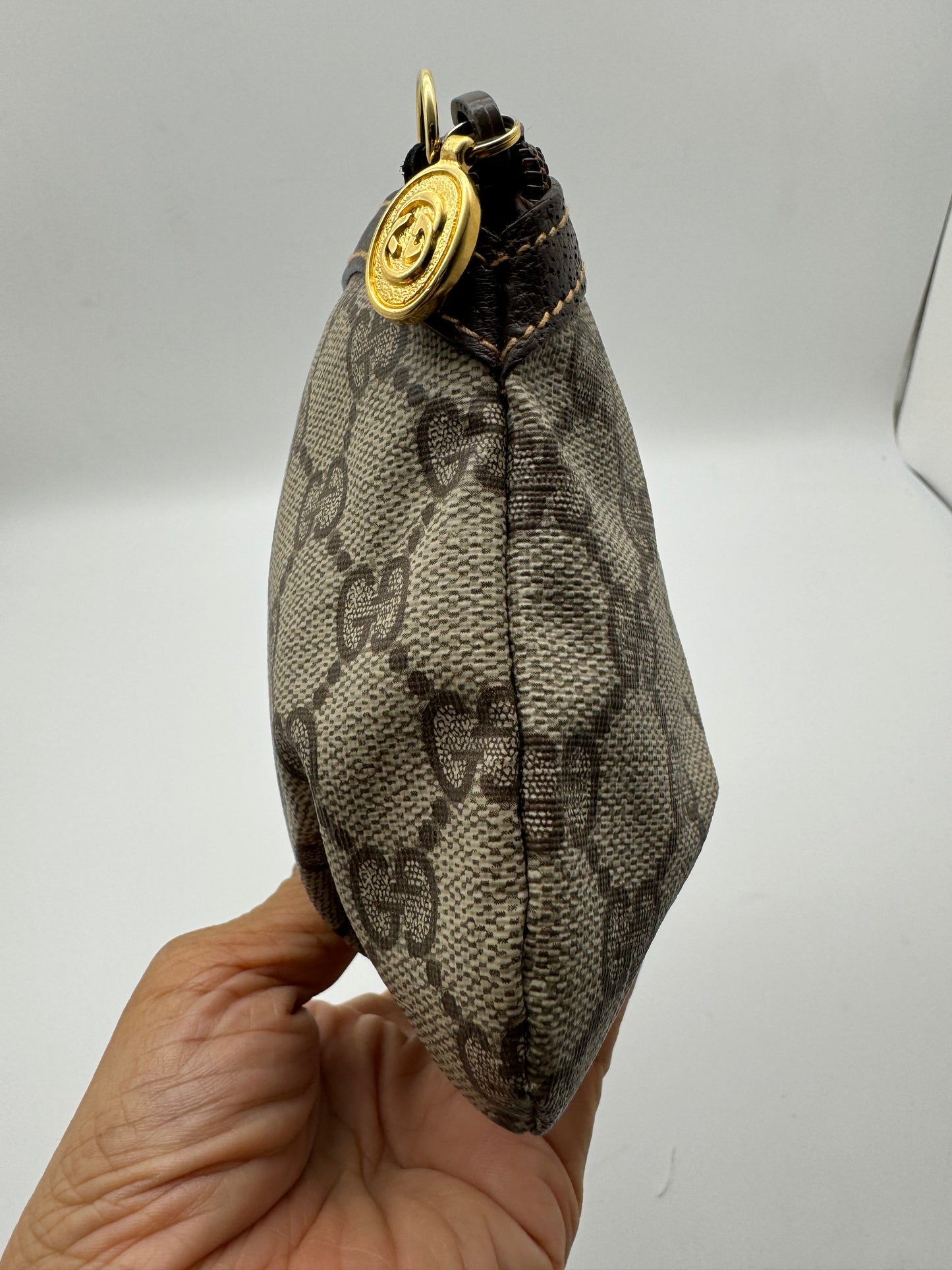 Authentic GUCCI Pleated Clutch Brown Monogram Coated Canvas Added Strap Crossbody Bag