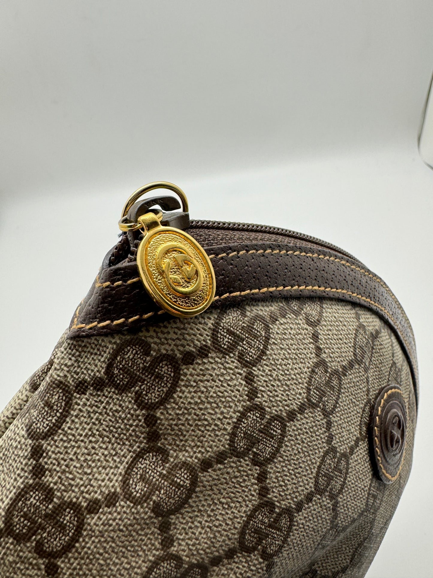 Authentic GUCCI Pleated Clutch Brown Monogram Coated Canvas Added Strap Crossbody Bag