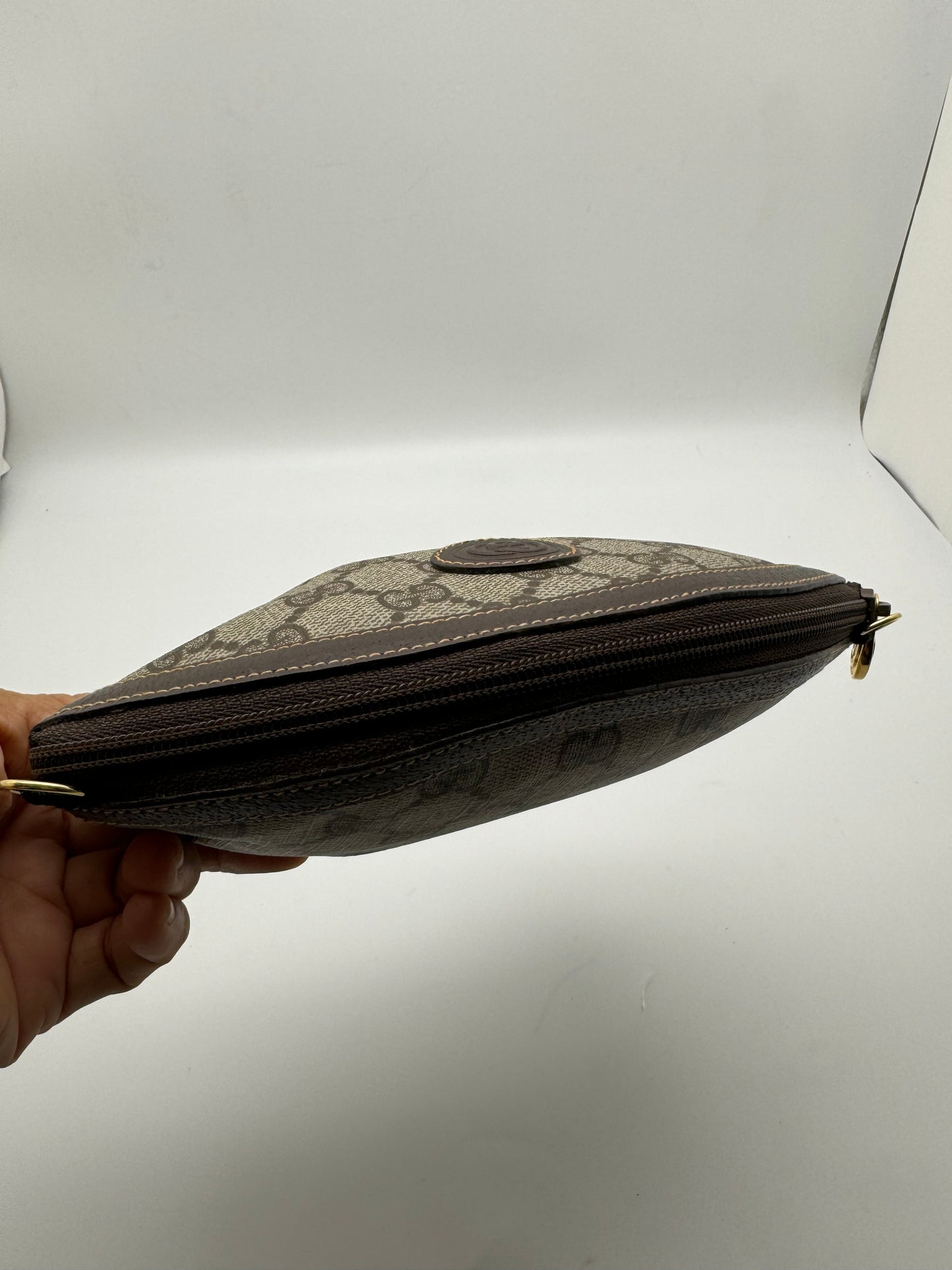 Authentic GUCCI Pleated Clutch Brown Monogram Coated Canvas Added Strap Crossbody Bag