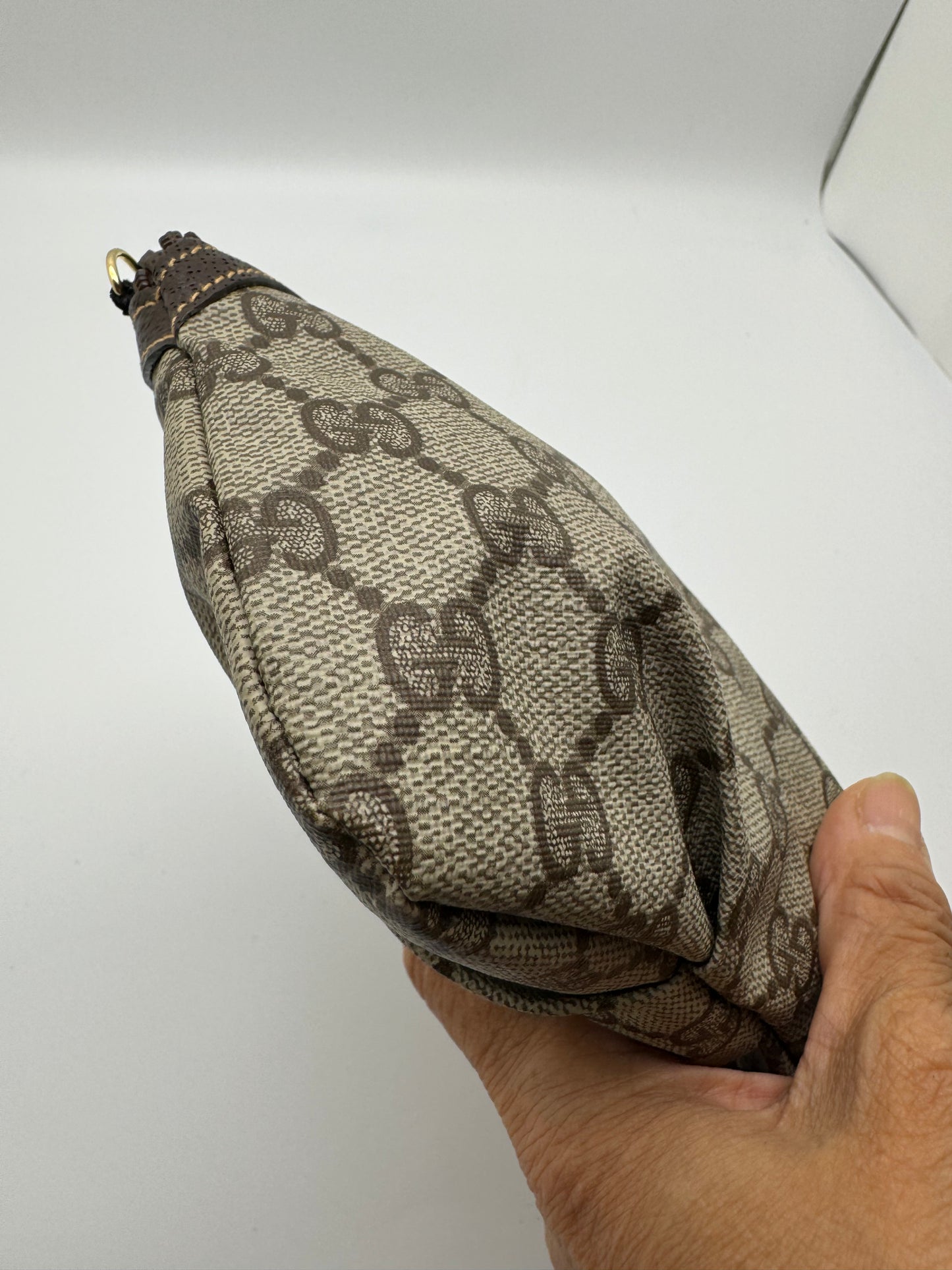 Authentic GUCCI Pleated Clutch Brown Monogram Coated Canvas Added Strap Crossbody Bag