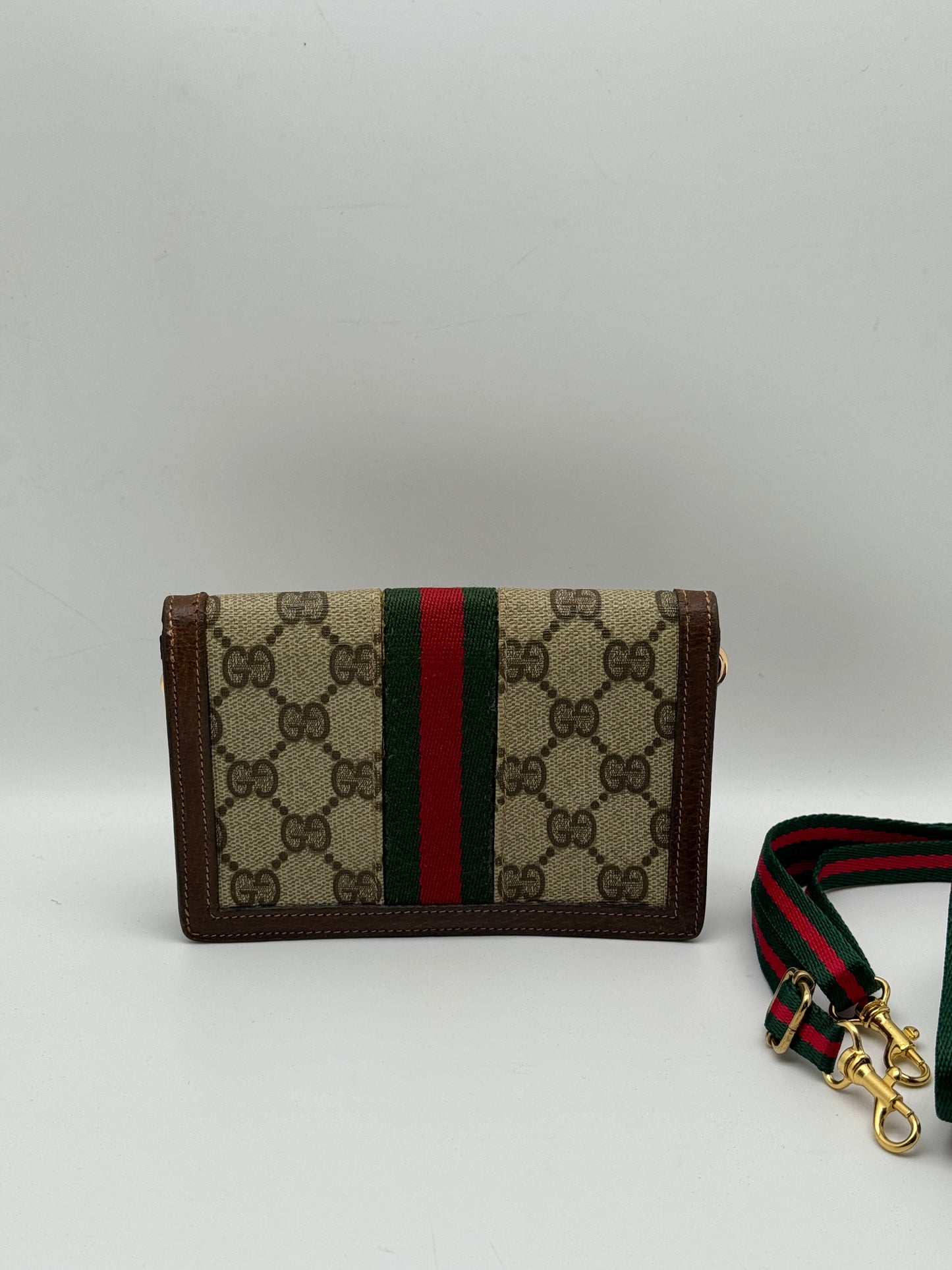 Authentic Gucci Parfums Vintage Mini Clutch Brown Sherry Line Added Strap Crossbody Belt Bag