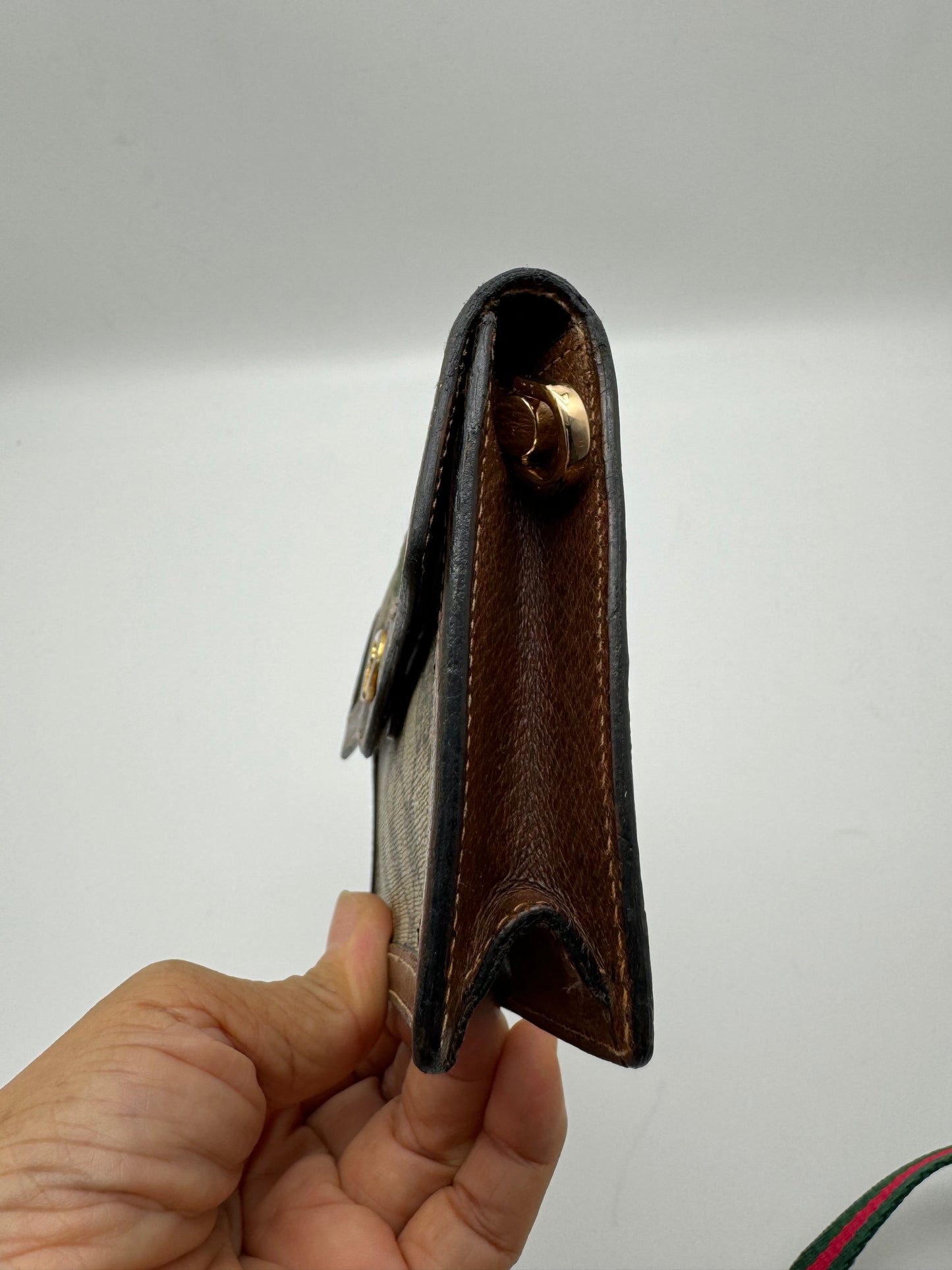 Authentic Gucci Parfums Vintage Mini Clutch Brown Sherry Line Added Strap Crossbody Belt Bag