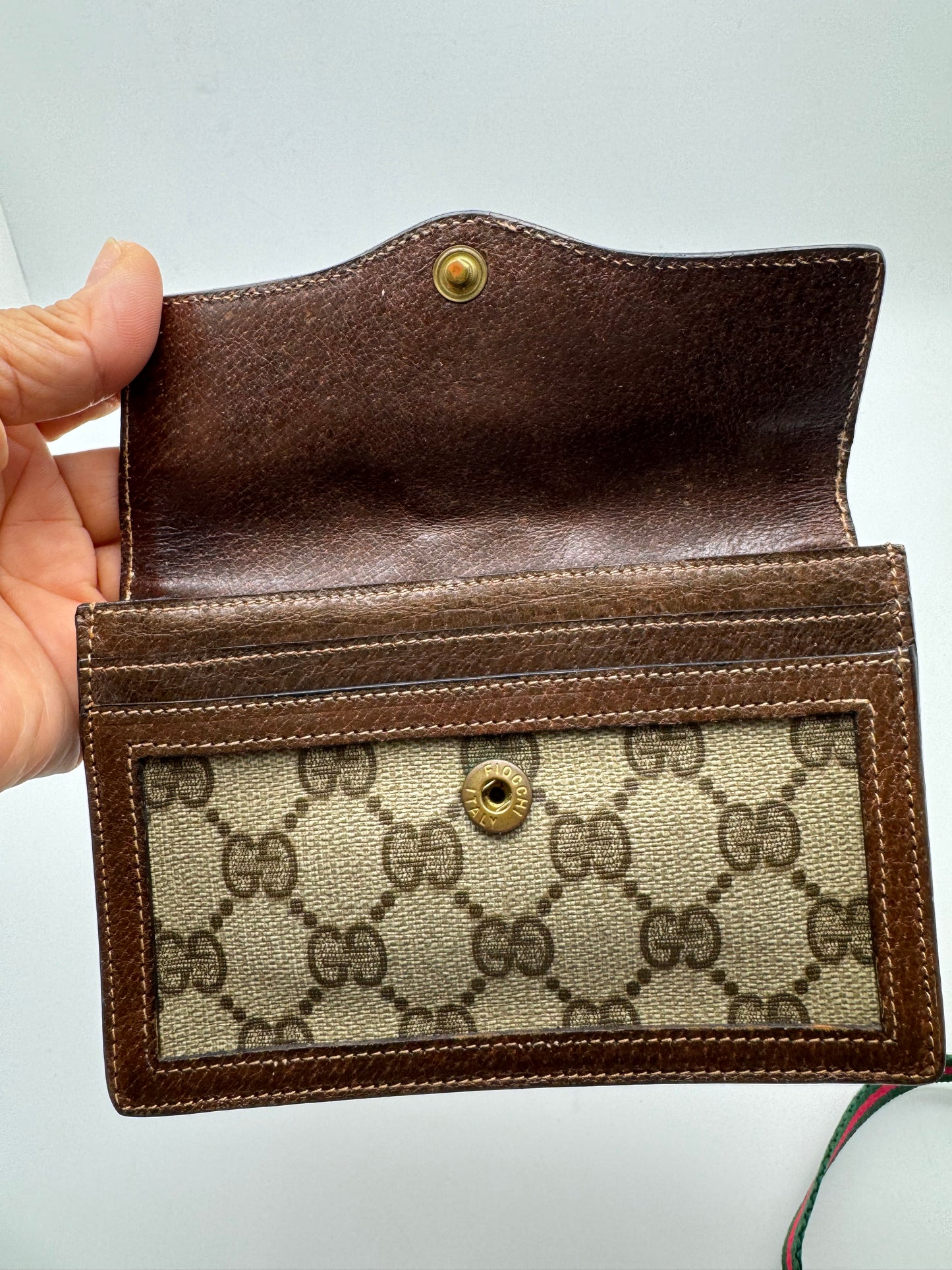 Authentic Gucci Parfums Vintage Mini Clutch Brown Sherry Line Added Strap Crossbody Belt Bag