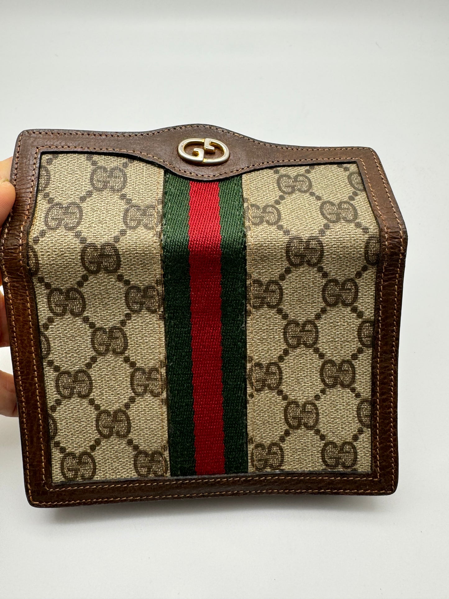 Authentic Gucci Parfums Vintage Mini Clutch Brown Sherry Line Added Strap Crossbody Belt Bag