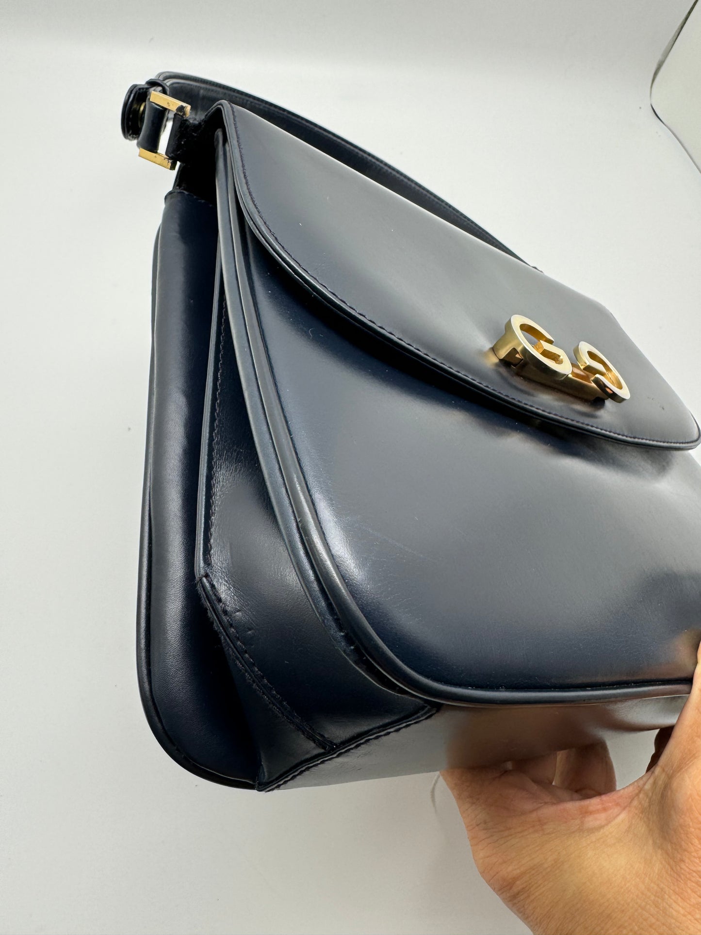Authentic GUCCI Vintage Navy Blue Leather Shoulder Handbag
