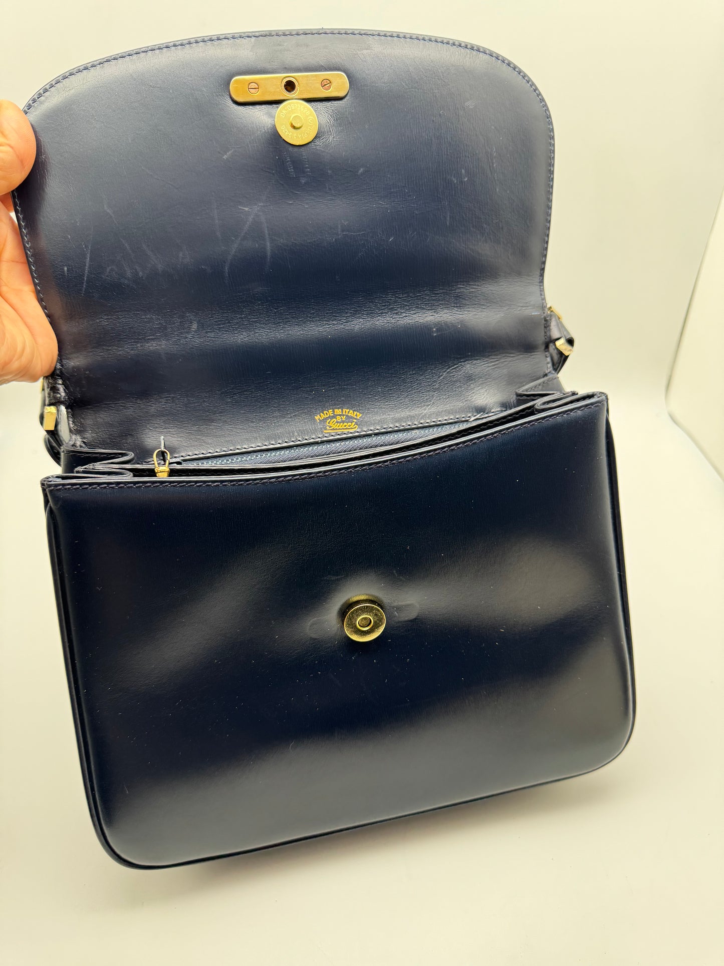 Authentic GUCCI Vintage Navy Blue Leather Shoulder Handbag