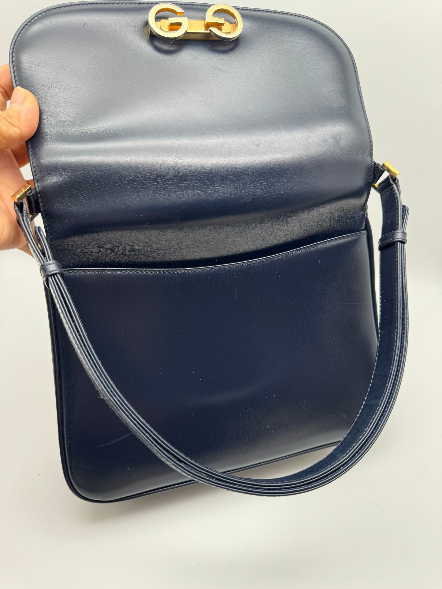 Authentic GUCCI Vintage Navy Blue Leather Shoulder Handbag