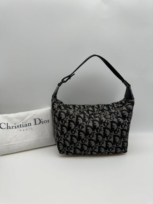 Authentic Christian Dior Black Trotter Jacquard Cloth Handbag