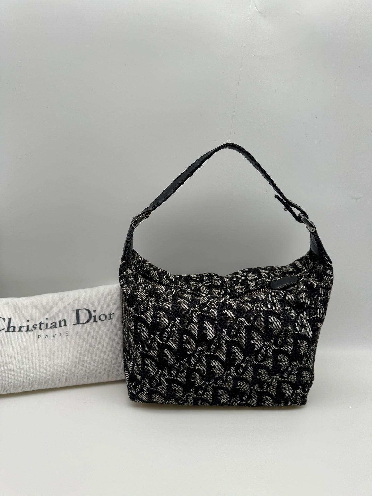 Authentic Christian Dior Black Trotter Jacquard Cloth Handbag