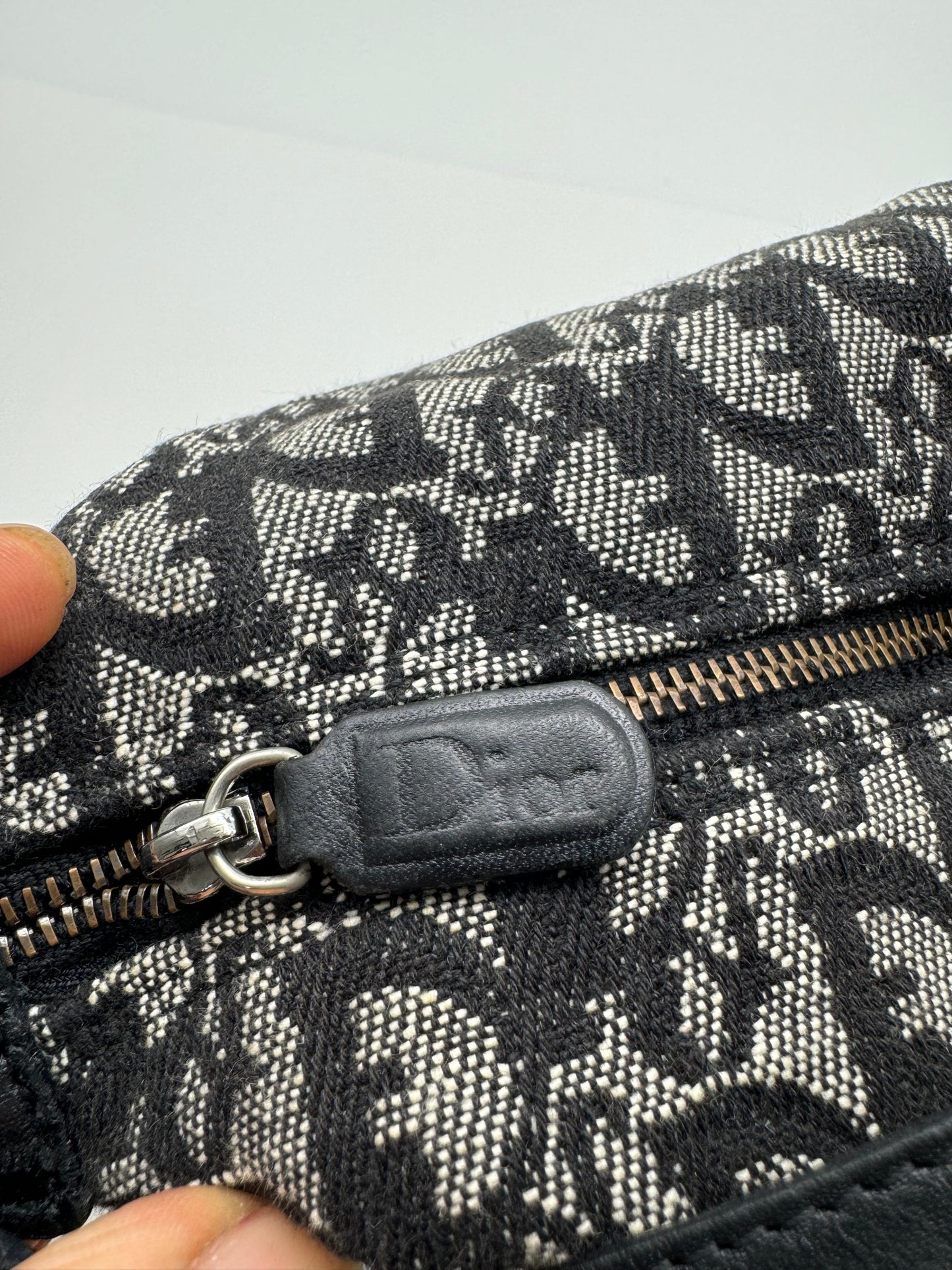 Authentic Christian Dior Black Trotter Jacquard Cloth Handbag