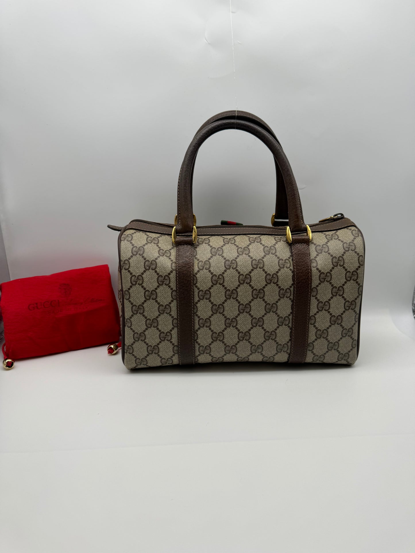 Authentic Gucci Vintage Brown Monogram Coated Canvas Boston Bag
