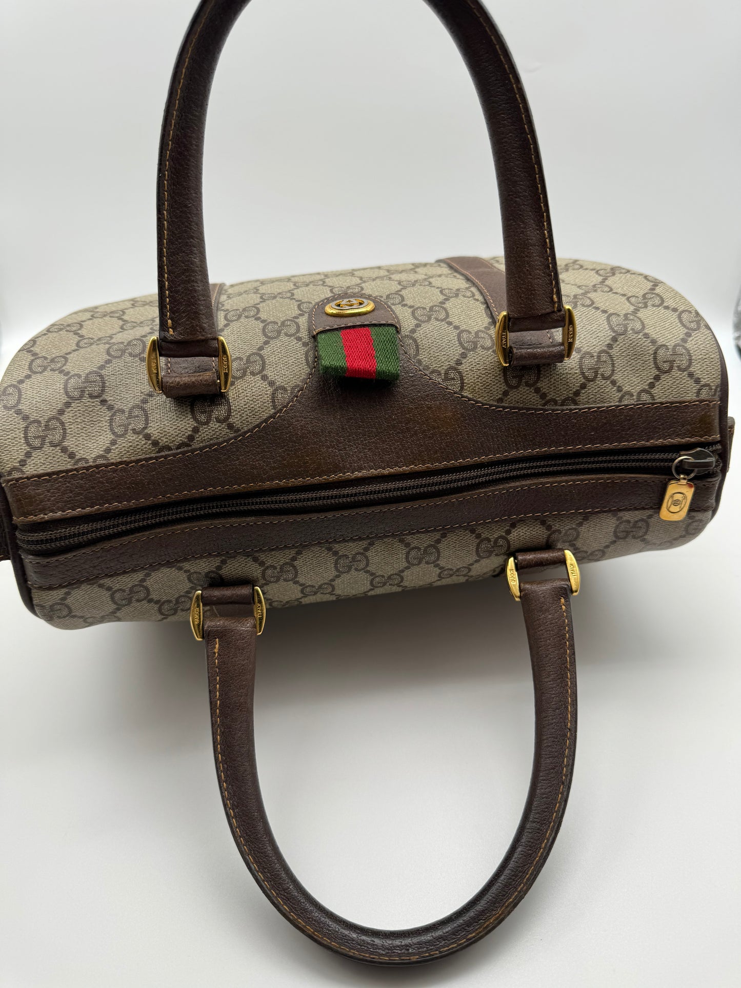 Authentic Gucci Vintage Brown Monogram Coated Canvas Boston Bag