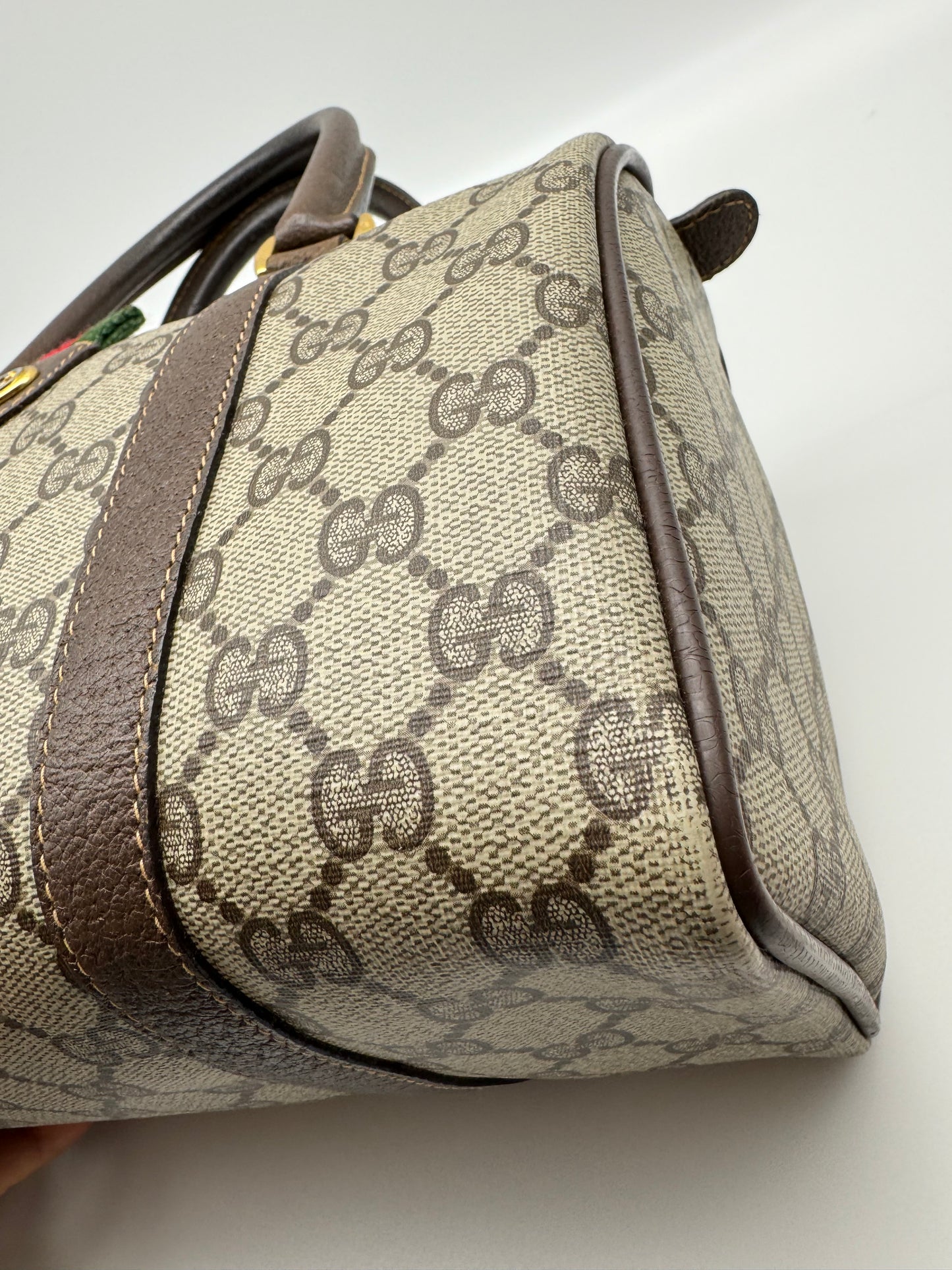 Authentic Gucci Vintage Brown Monogram Coated Canvas Boston Bag