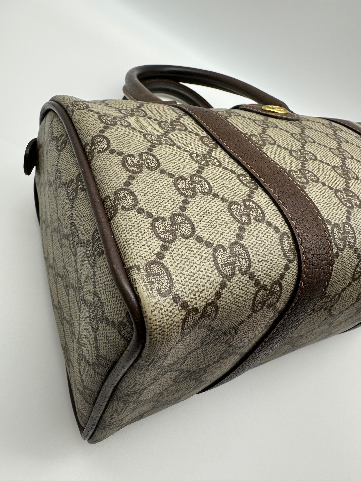 Authentic Gucci Vintage Brown Monogram Coated Canvas Boston Bag
