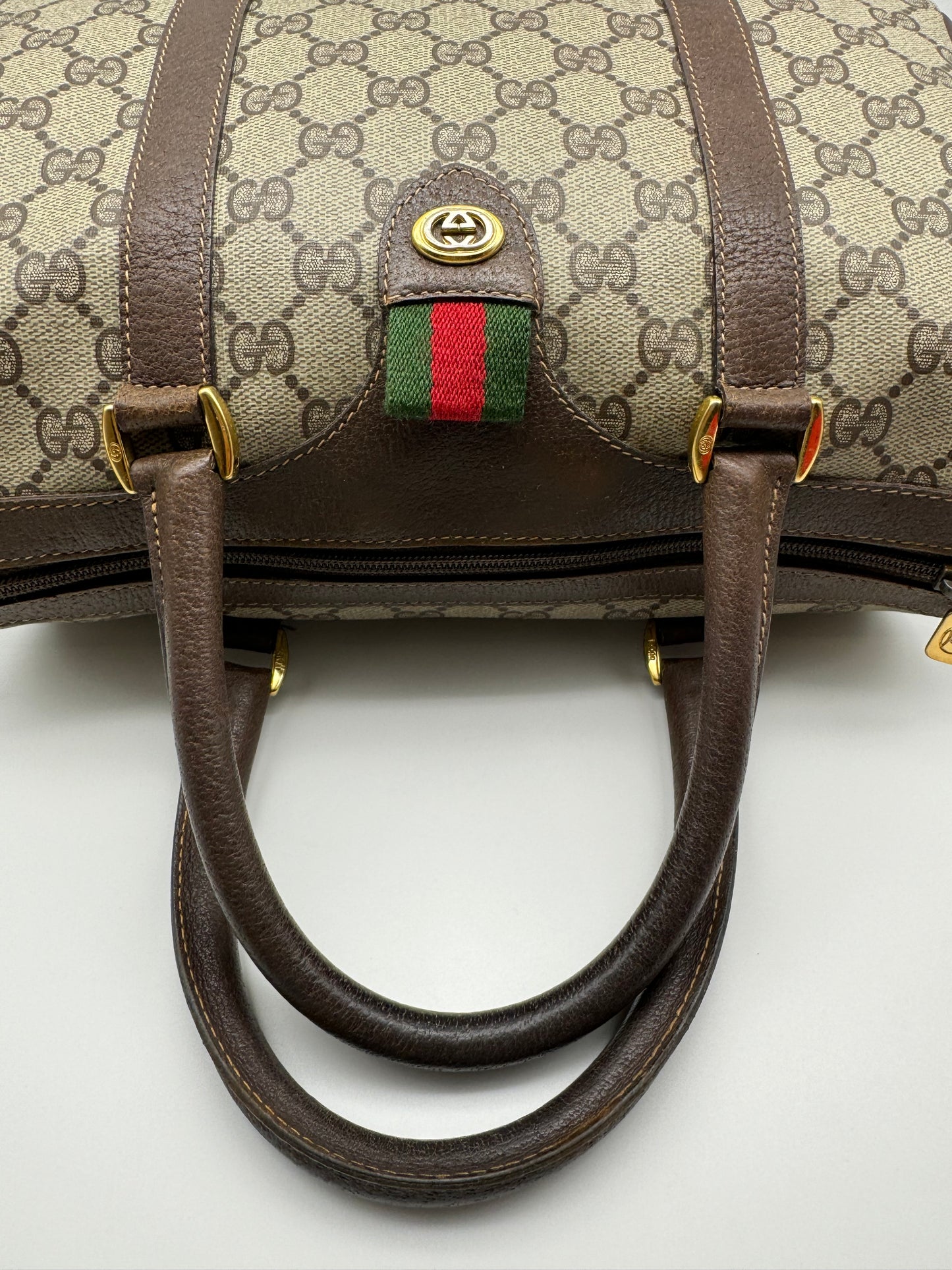 Authentic Gucci Vintage Brown Monogram Coated Canvas Boston Bag