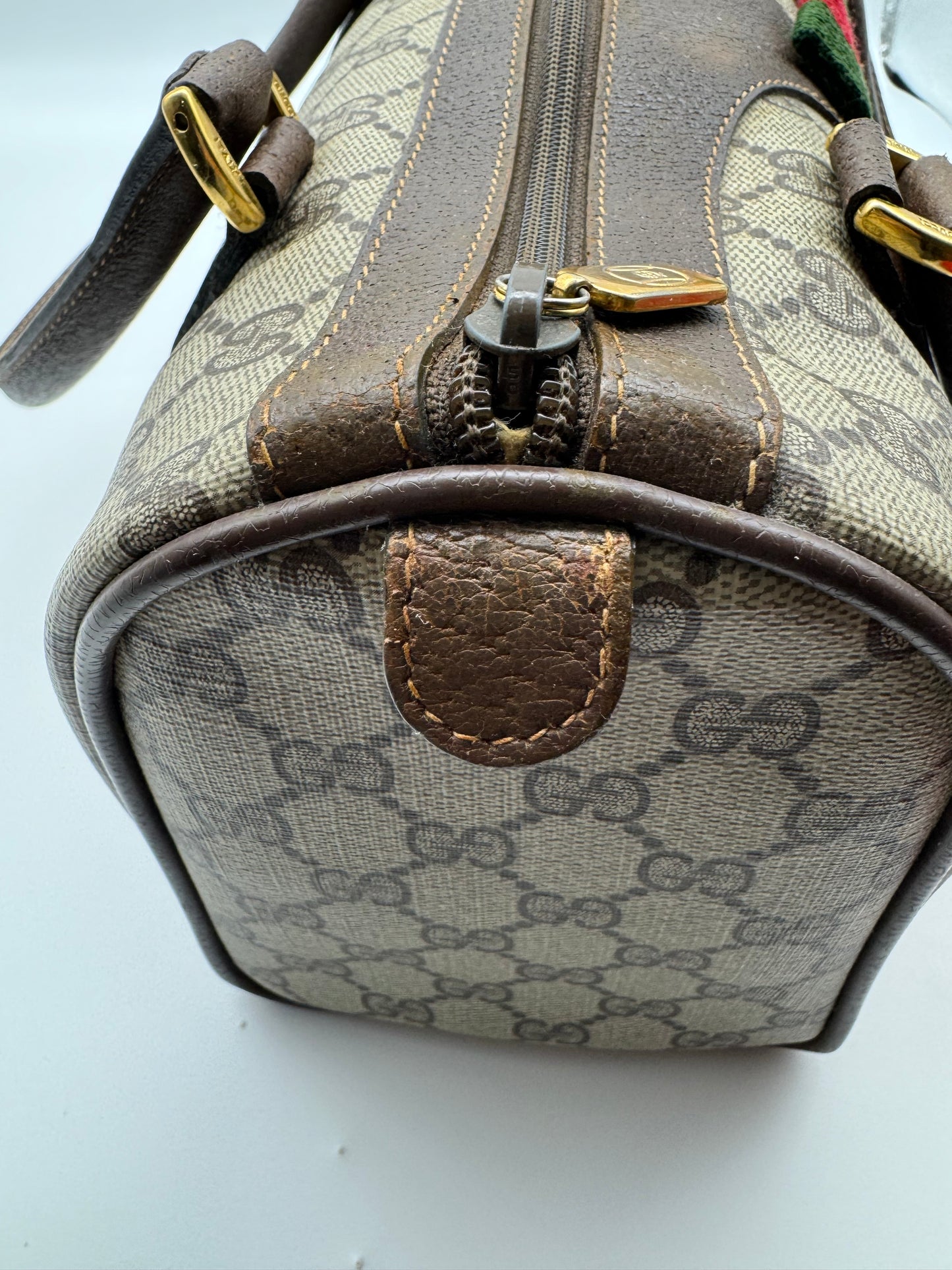 Authentic Gucci Vintage Brown Monogram Coated Canvas Boston Bag