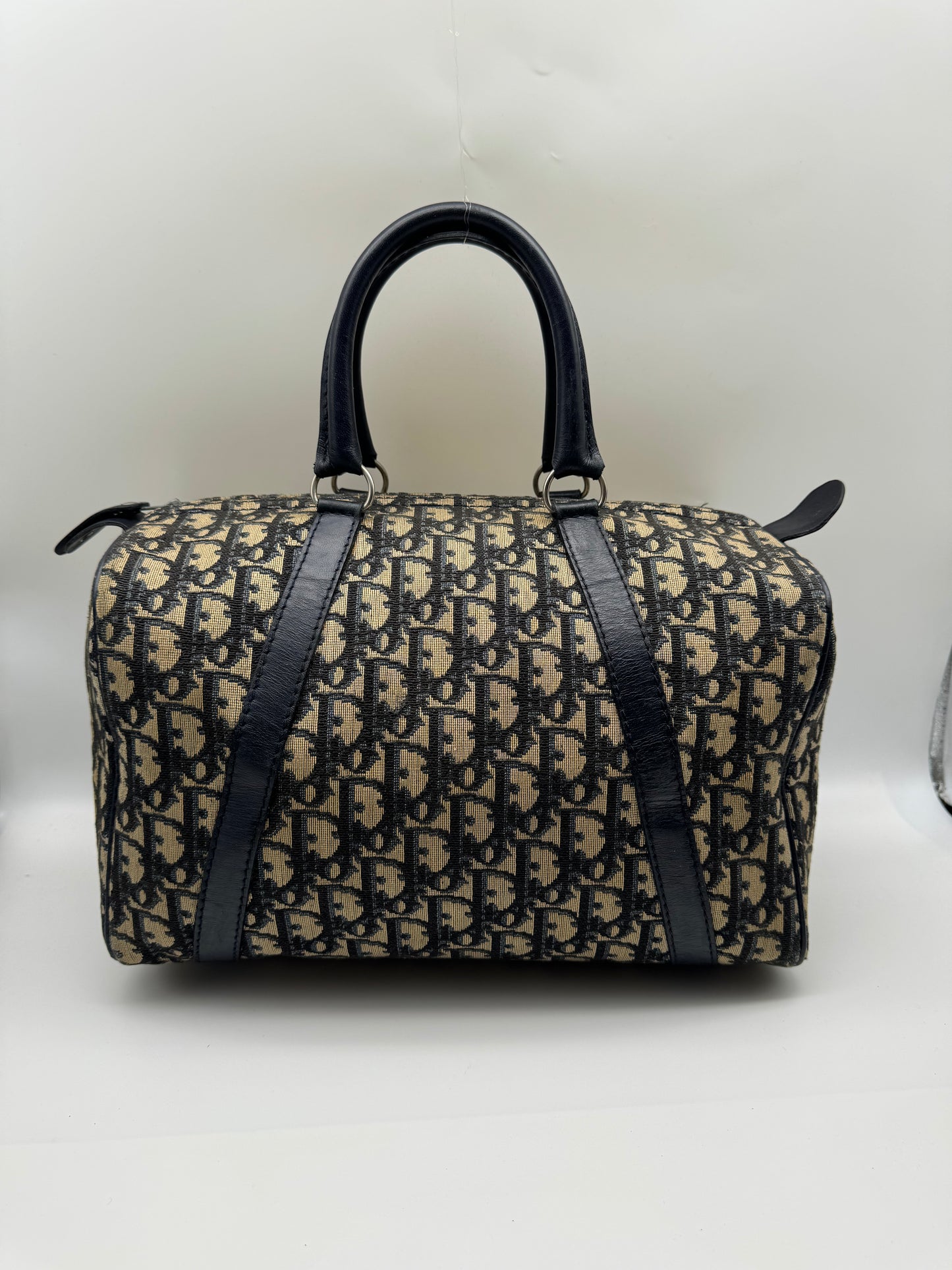 Authentic Christian Dior Vintage Boston 30 Navy Blue Trotter Jacquard Canvas Bowling Bag