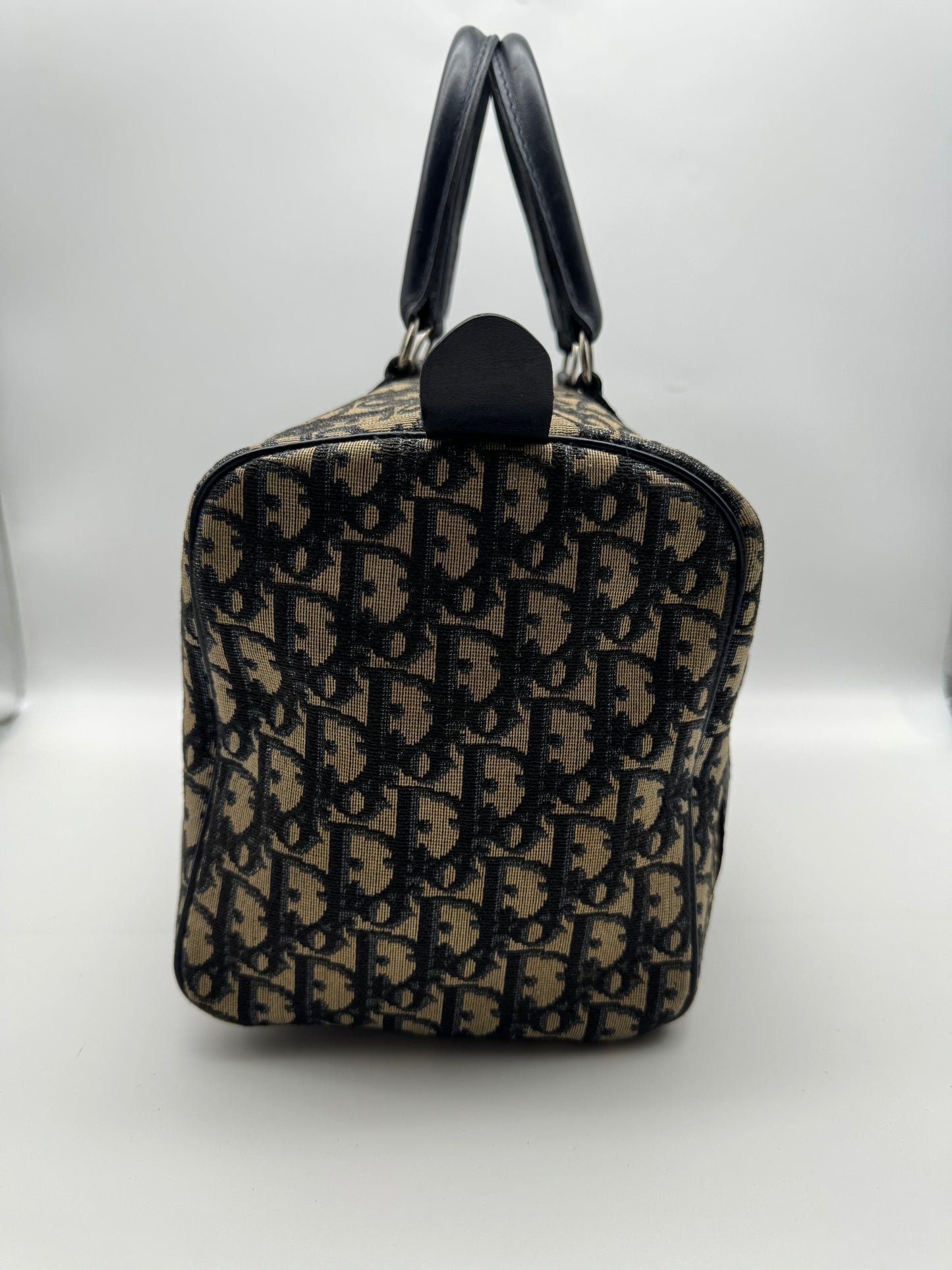 Authentic Christian Dior Vintage Boston 30 Navy Blue Trotter Jacquard Canvas Bowling Bag