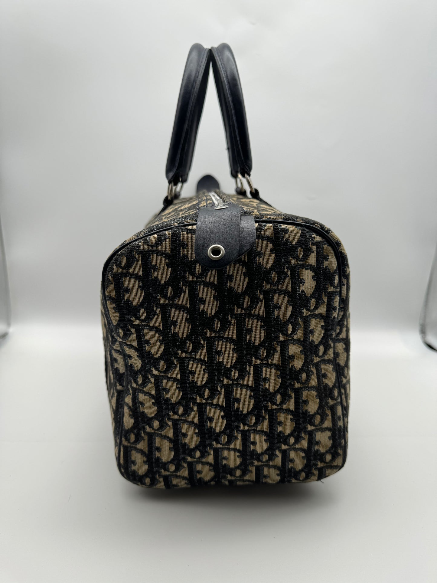 Authentic Christian Dior Vintage Boston 30 Navy Blue Trotter Jacquard Canvas Bowling Bag