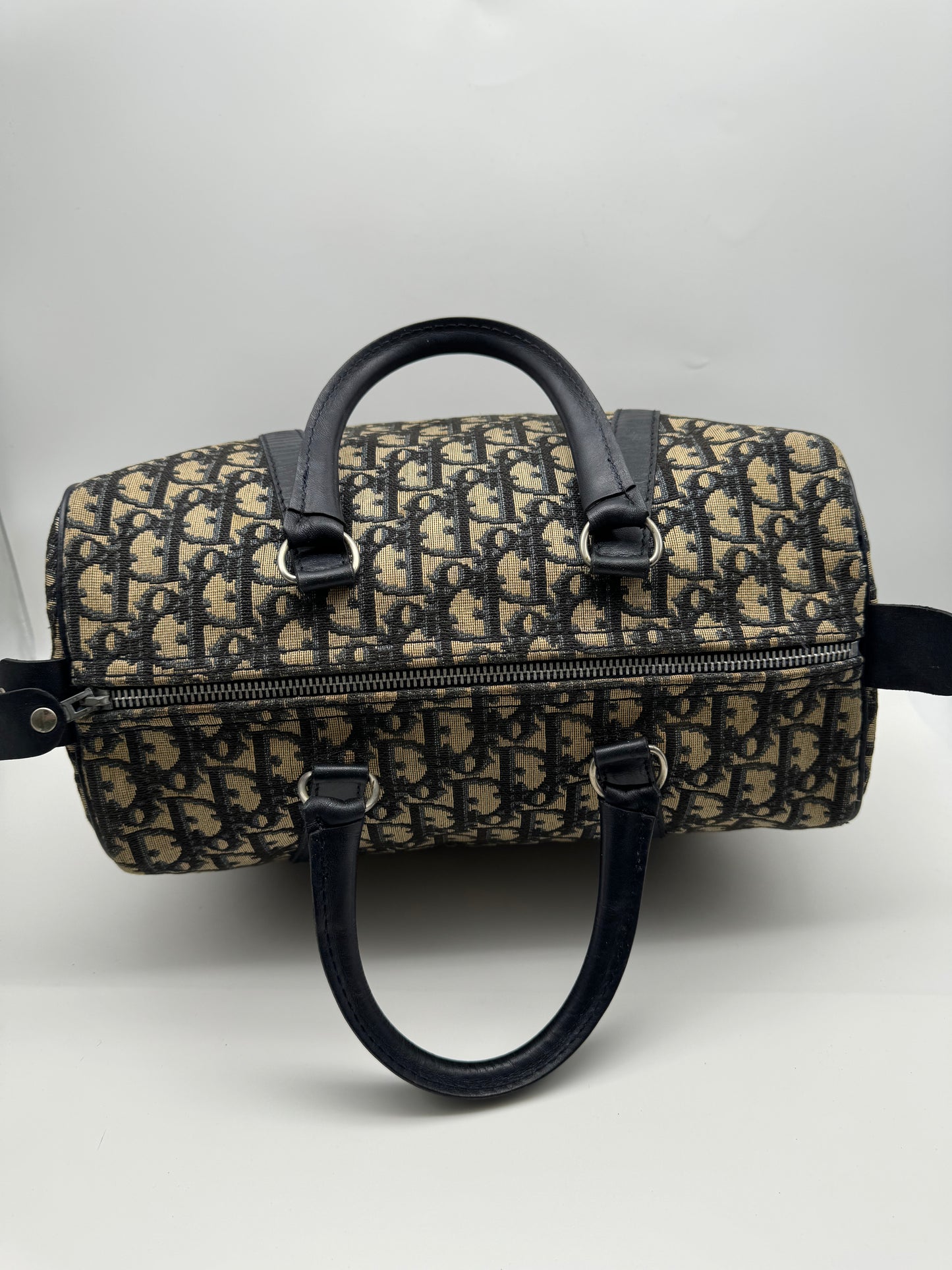 Authentic Christian Dior Vintage Boston 30 Navy Blue Trotter Jacquard Canvas Bowling Bag