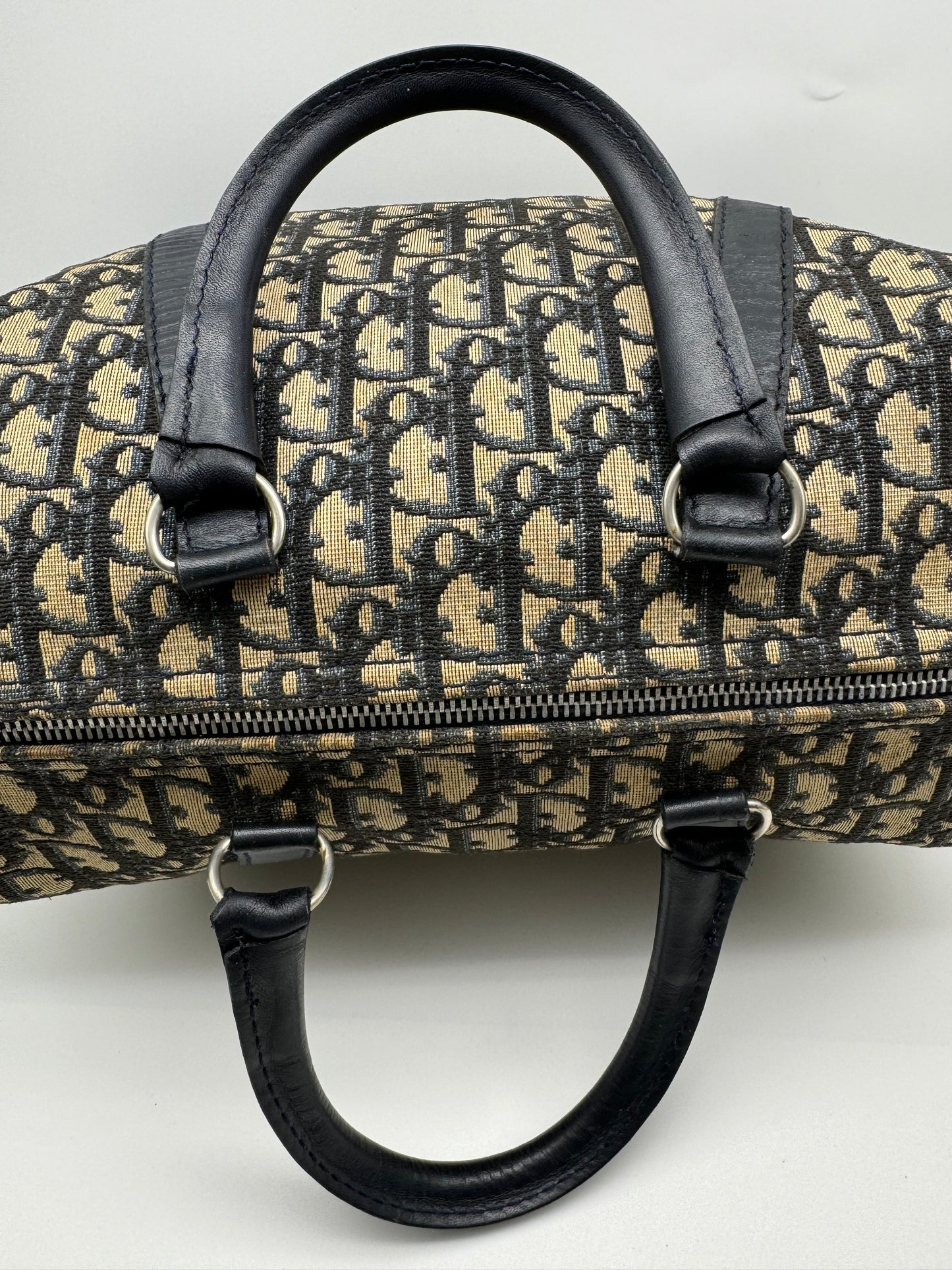 Authentic Christian Dior Vintage Boston 30 Navy Blue Trotter Jacquard Canvas Bowling Bag