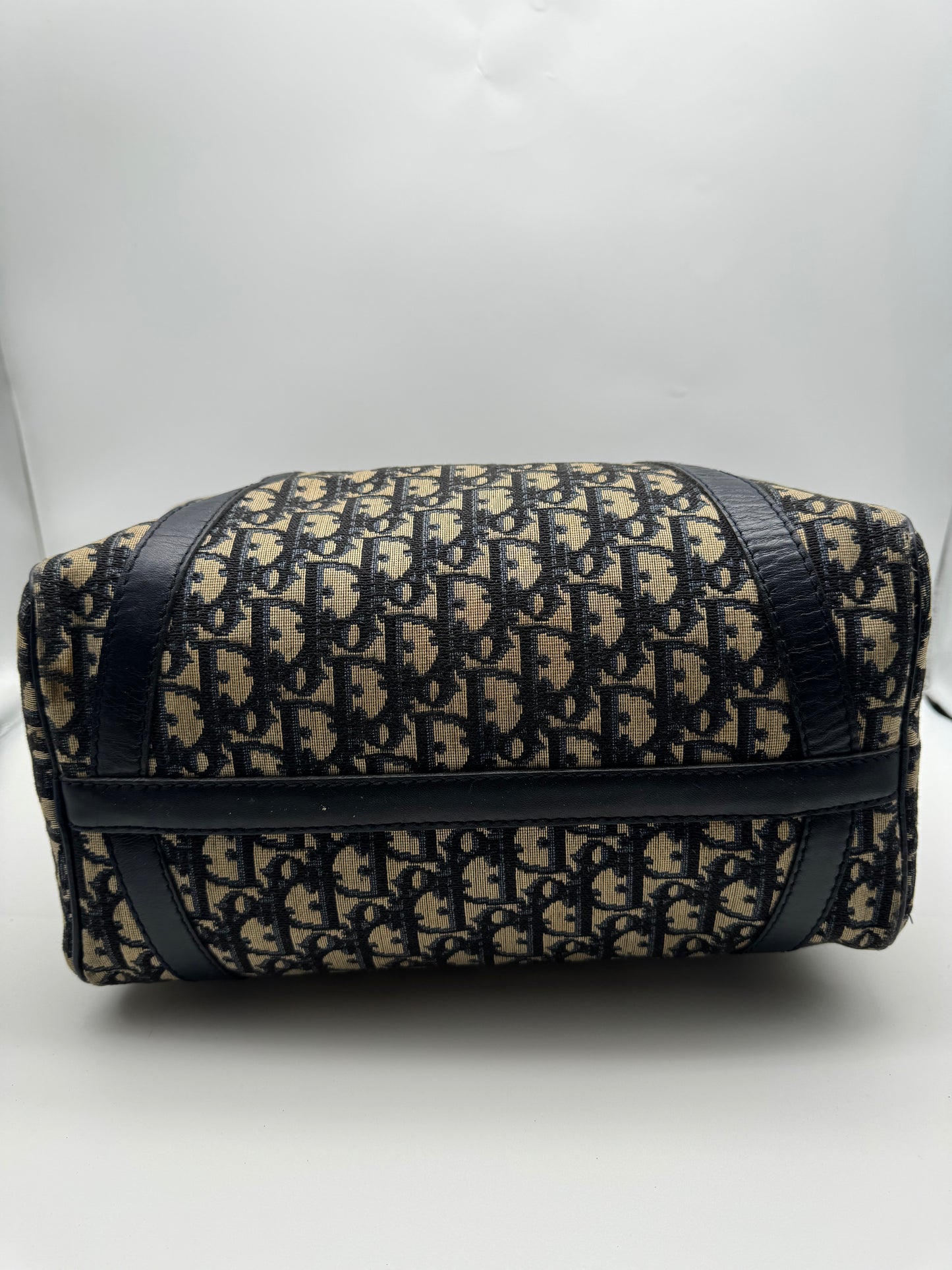 Authentic Christian Dior Vintage Boston 30 Navy Blue Trotter Jacquard Canvas Bowling Bag