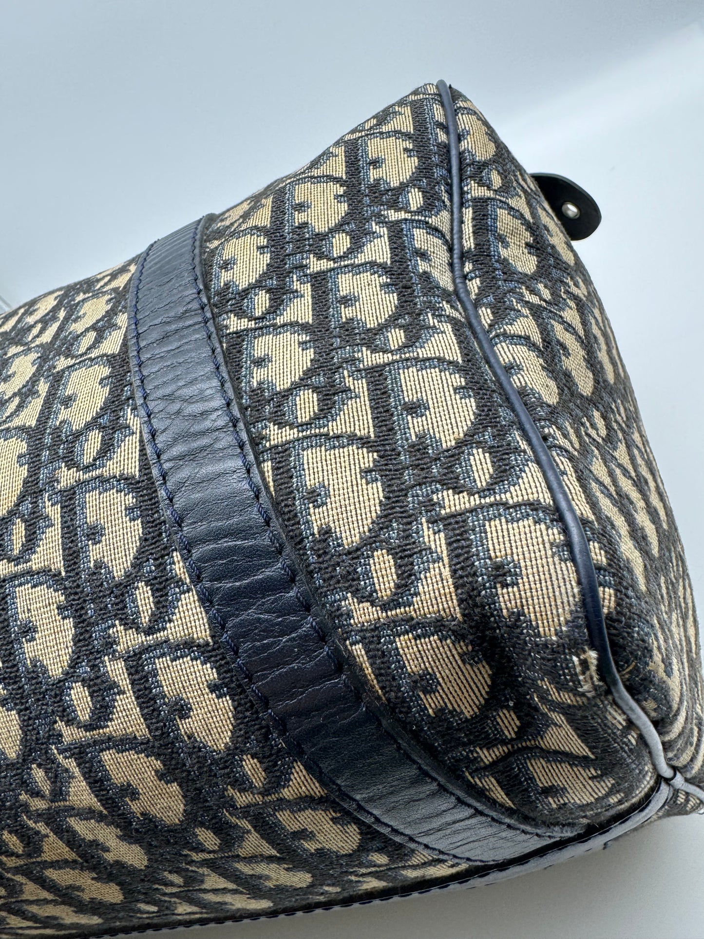 Authentic Christian Dior Vintage Boston 30 Navy Blue Trotter Jacquard Canvas Bowling Bag