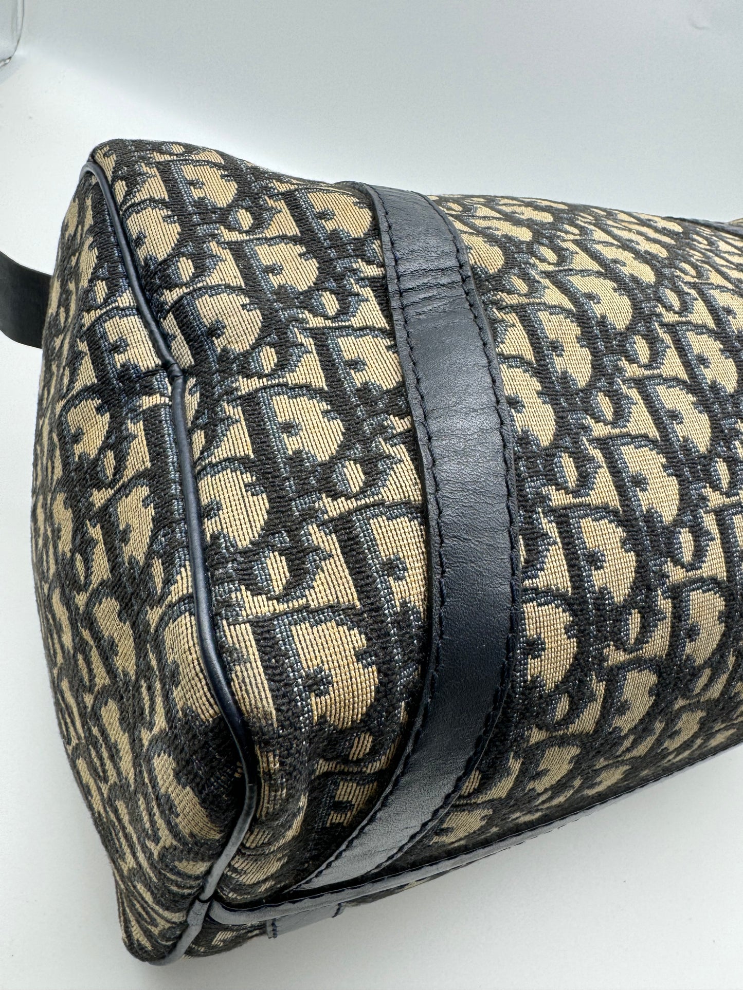 Authentic Christian Dior Vintage Boston 30 Navy Blue Trotter Jacquard Canvas Bowling Bag
