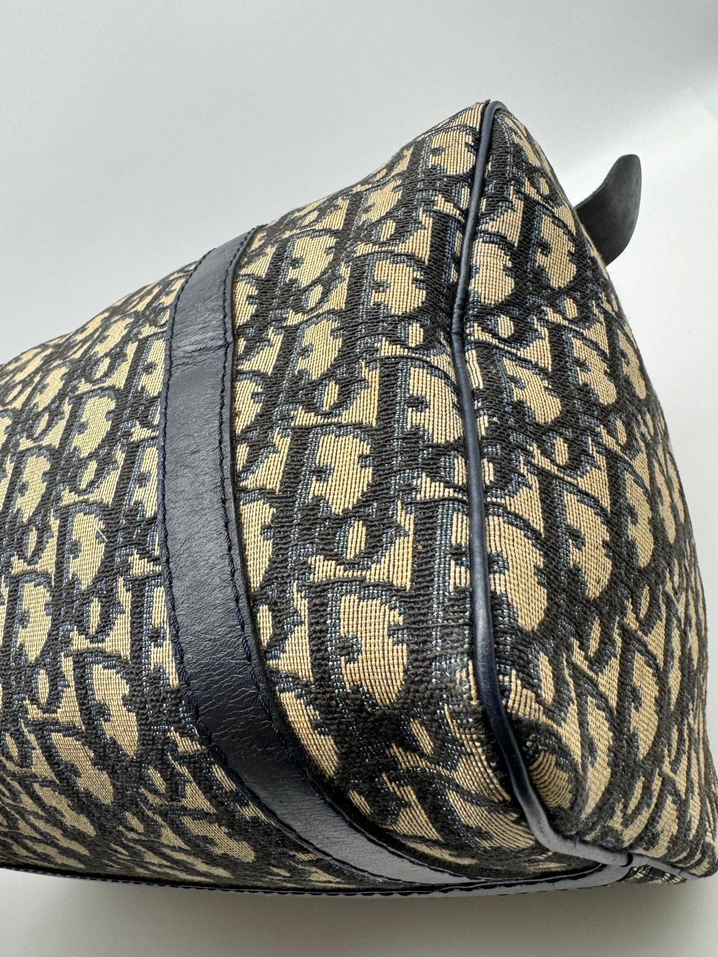 Authentic Christian Dior Vintage Boston 30 Navy Blue Trotter Jacquard Canvas Bowling Bag